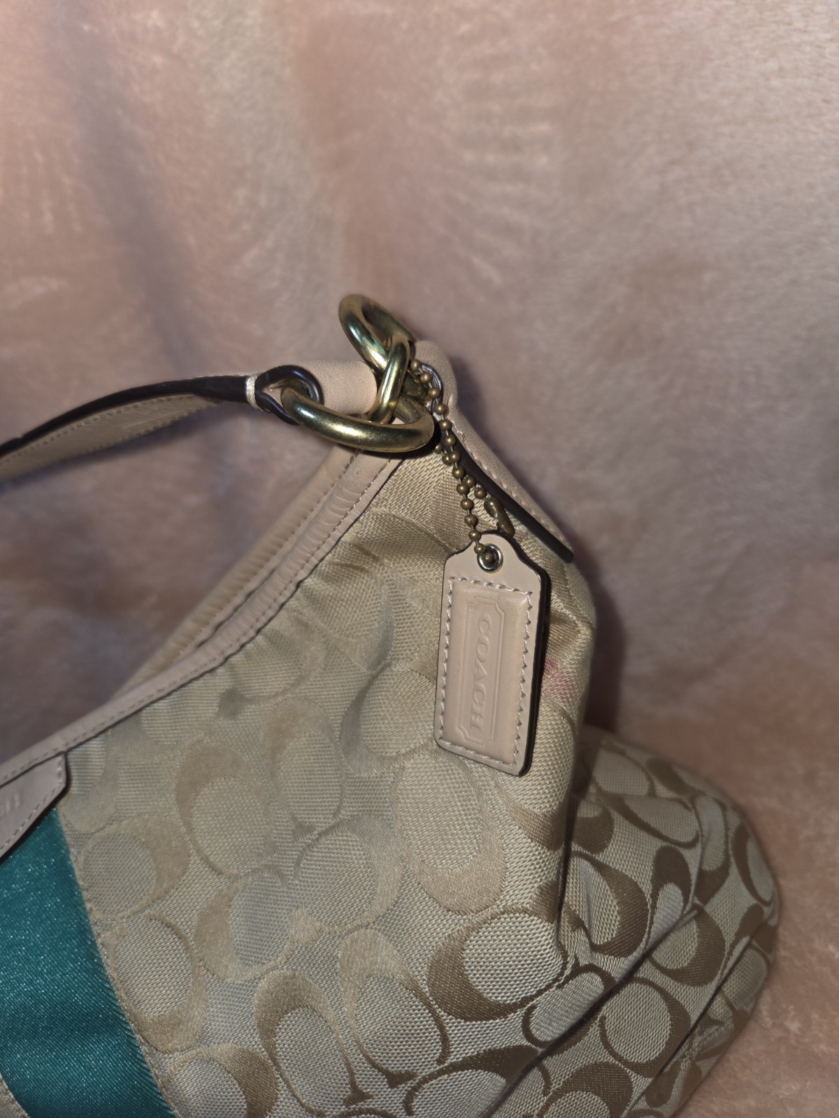 Coach Signature Medium Hobo Shoulder Bag Beige/Teal Stripe Zip Gold Charm