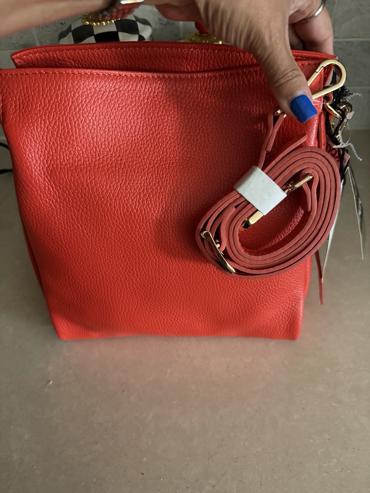 Viola Castellani Red Pebbled Top Handle Bag Zip Closure Detachable Strap Gold