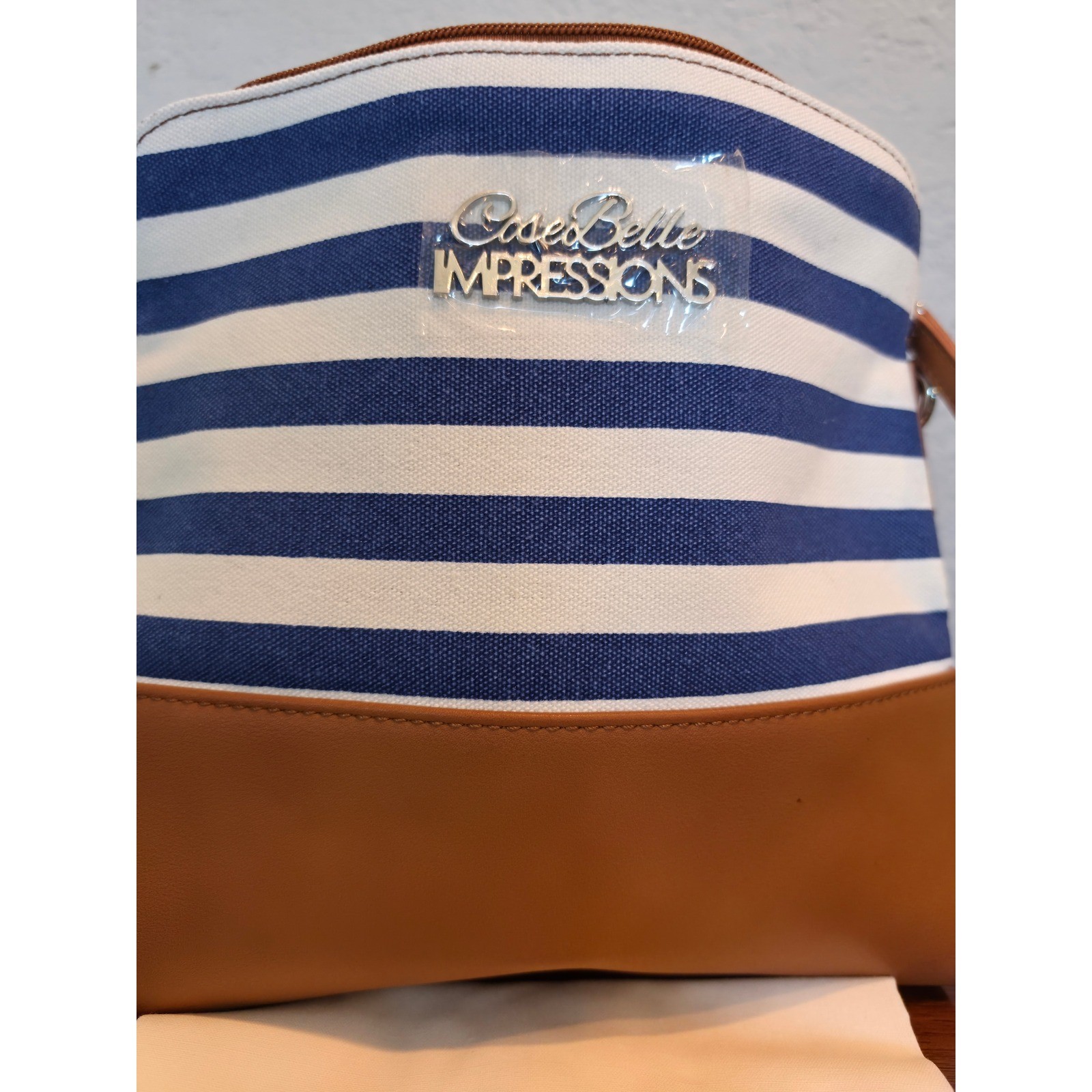 CoseBelle Impressions Blue White Striped Canvas Crossbody Bag Tan Vegan Leather
