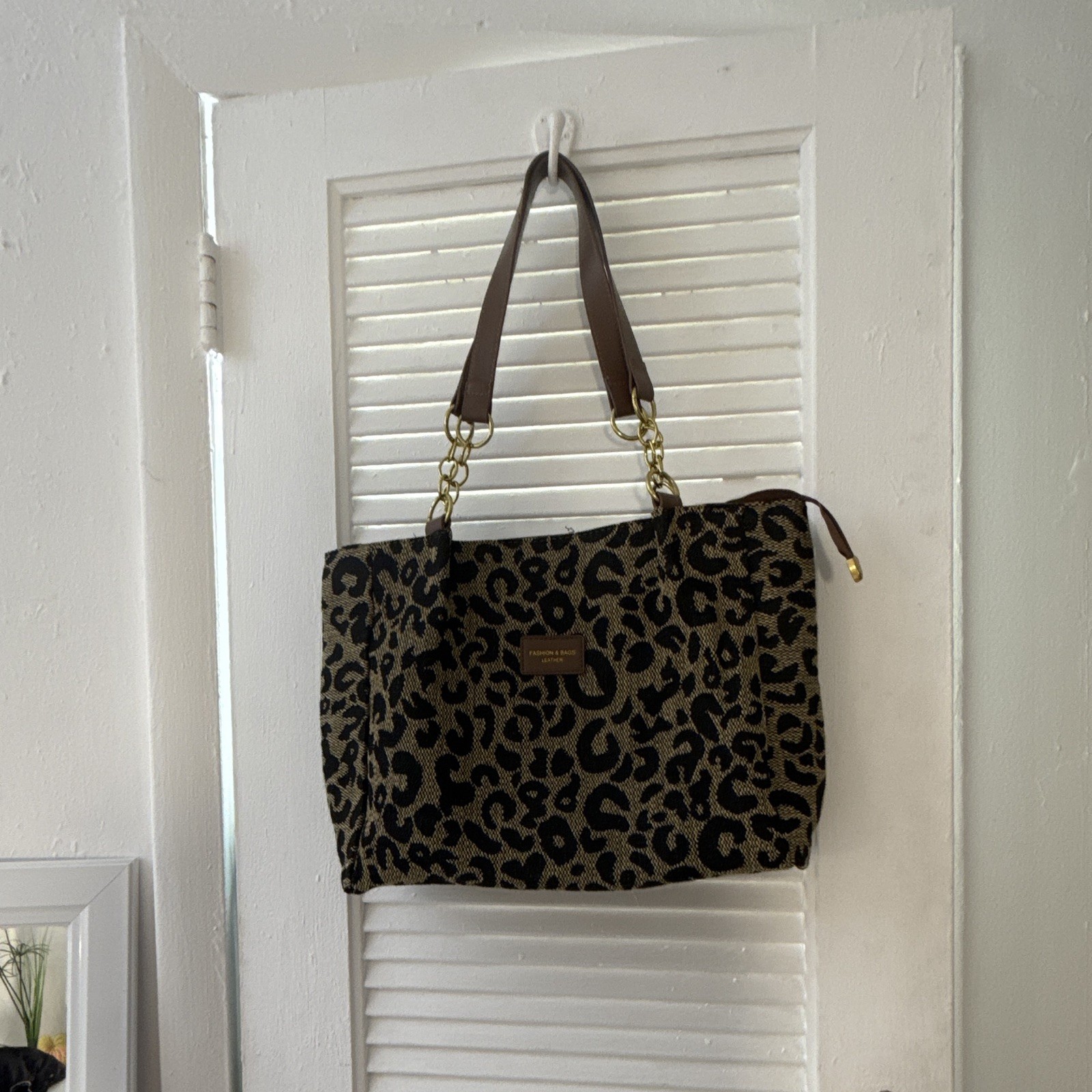 Leopard Print Tote Bag Brown/Black Gold Chain Accents Double Handles Zip Lined