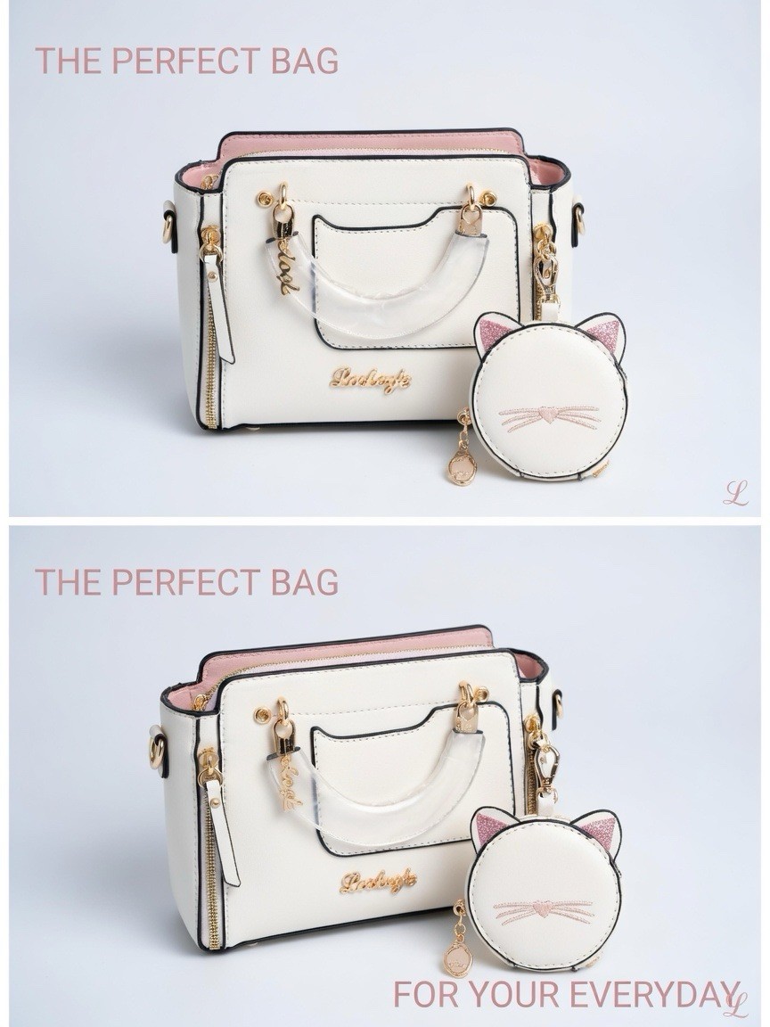 Dunberle Women’s White Pink Satchel Top Handle Bag Zip Detachable Strap Cat Coin