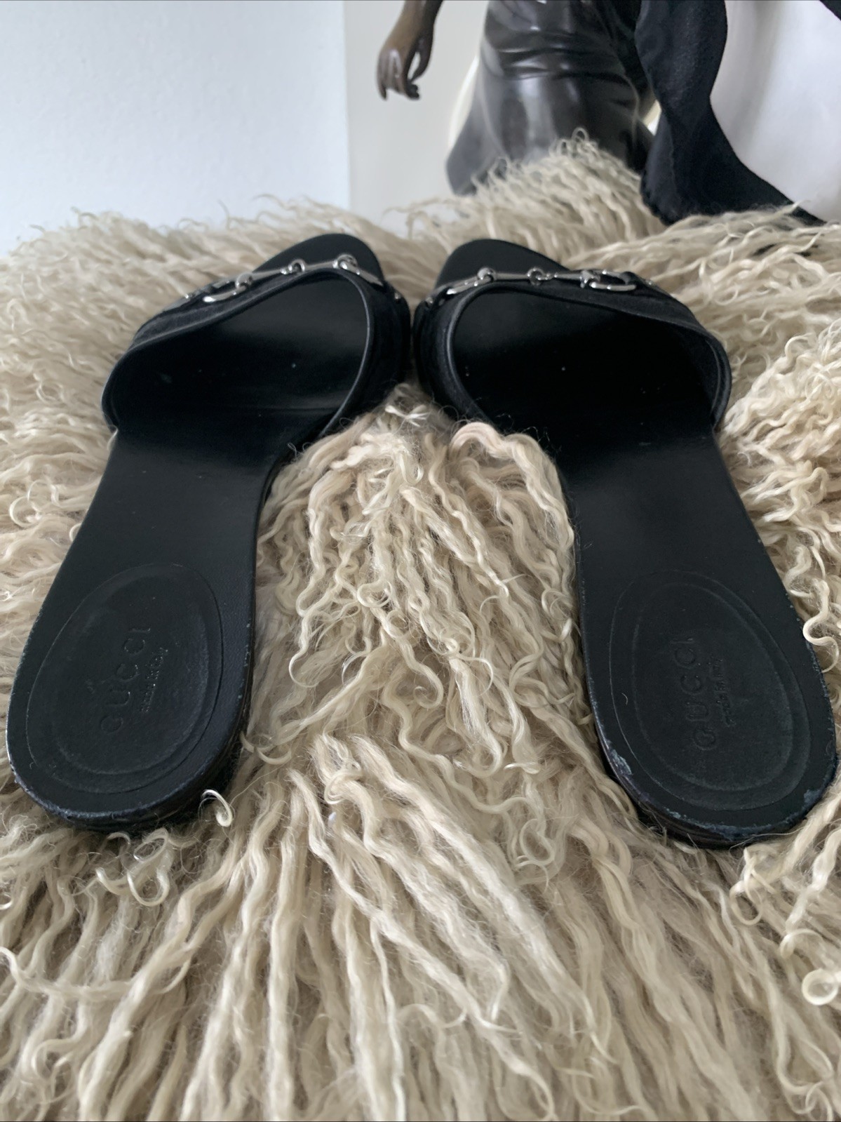 Gucci Italy 71/2 B Black Leather Canvas Logo Buckle Flats Shoes Women’s