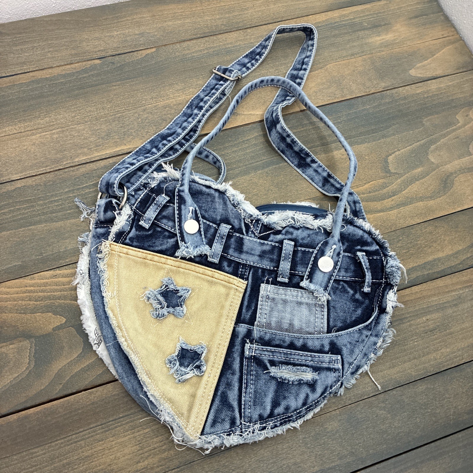 Y2K Korean Heart Shaped Distressed Denim Patchwork Star Shoulder Bag Purse (S9)