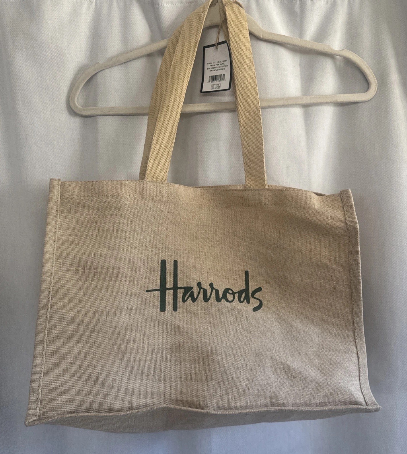 Harrods of London Jute Tote Bag. New with tags, beige with green logo