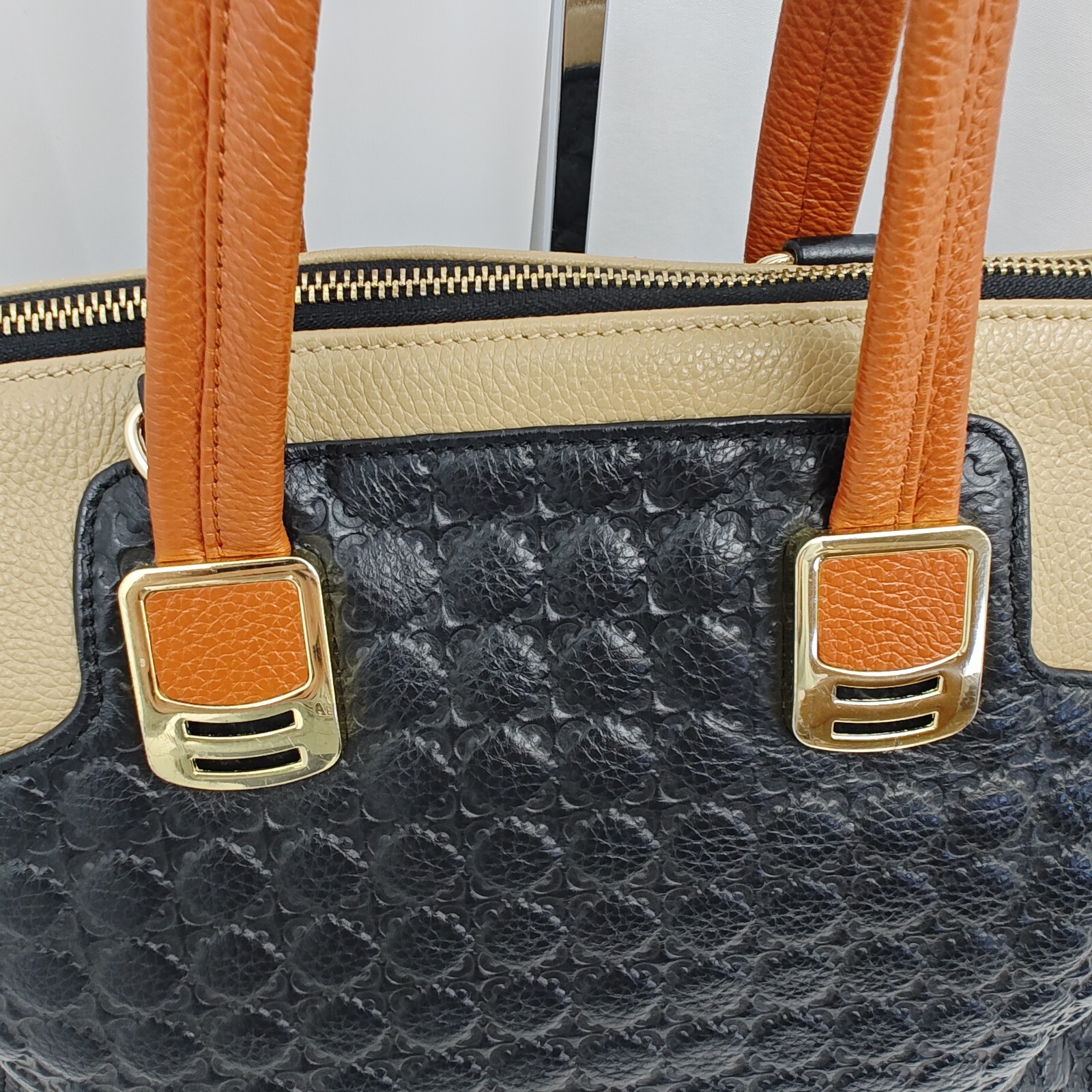 ZOOLER Leather Tri Color Block Handbag Satchel Emboxxed Brown Beige Black