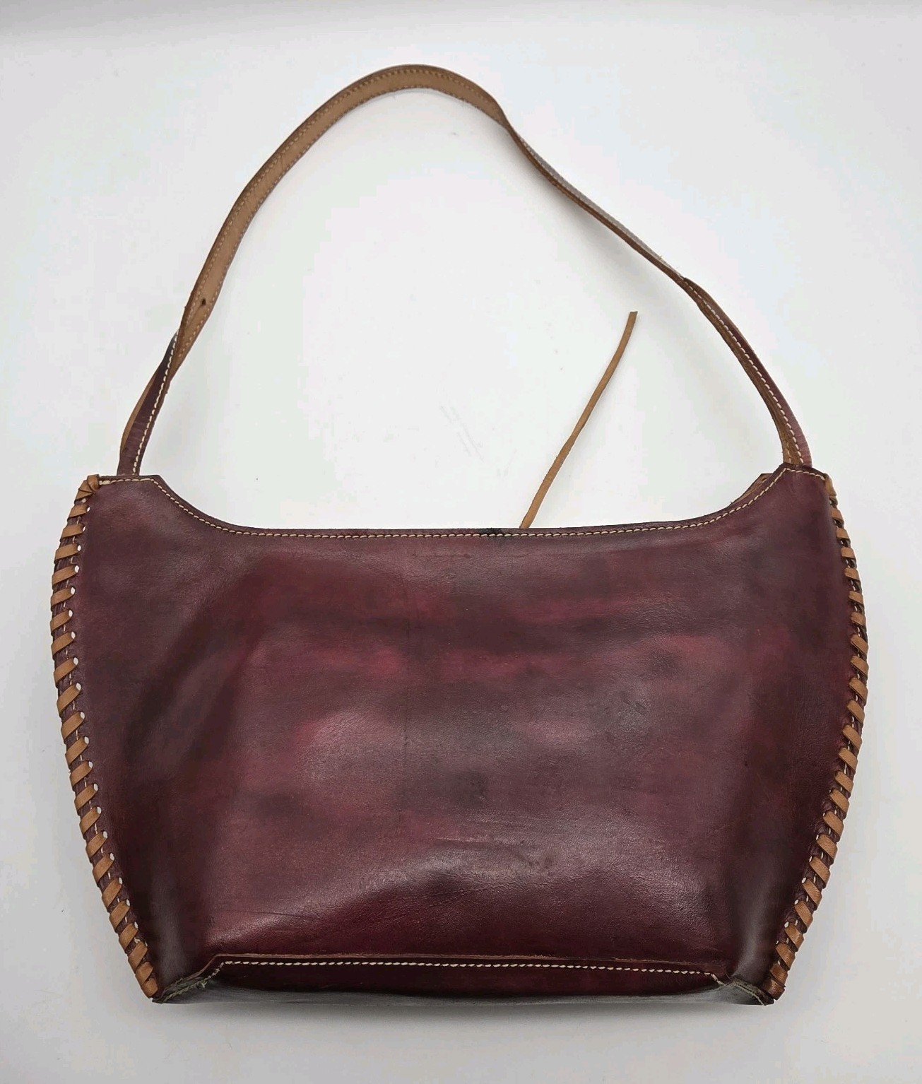 Handmade Tooled Burgundy Leather Purse Shoulder Bag Stitching Accent Western
