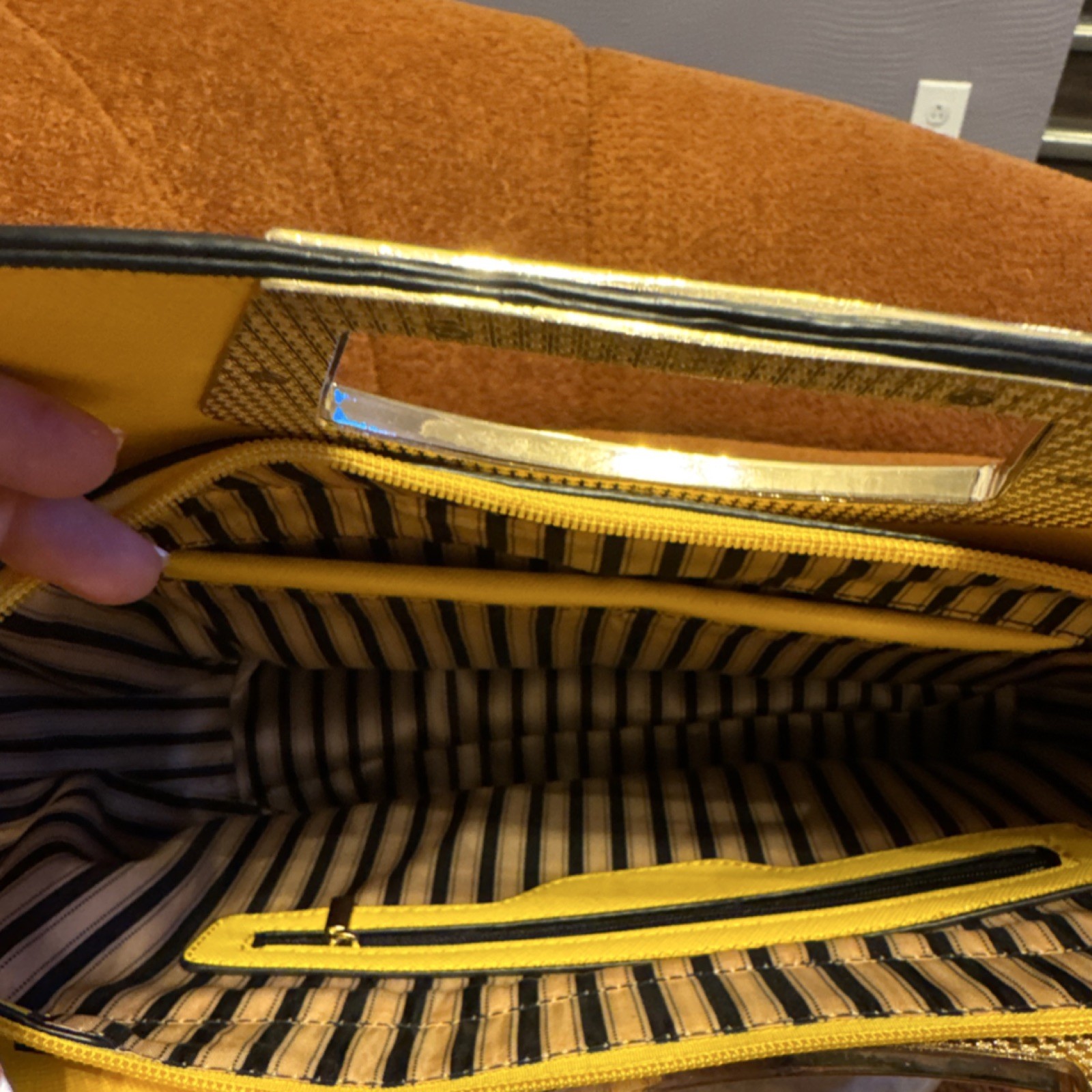Yellow White Striped Satchel Bag with Gold Metal Handle and Detachable Strap