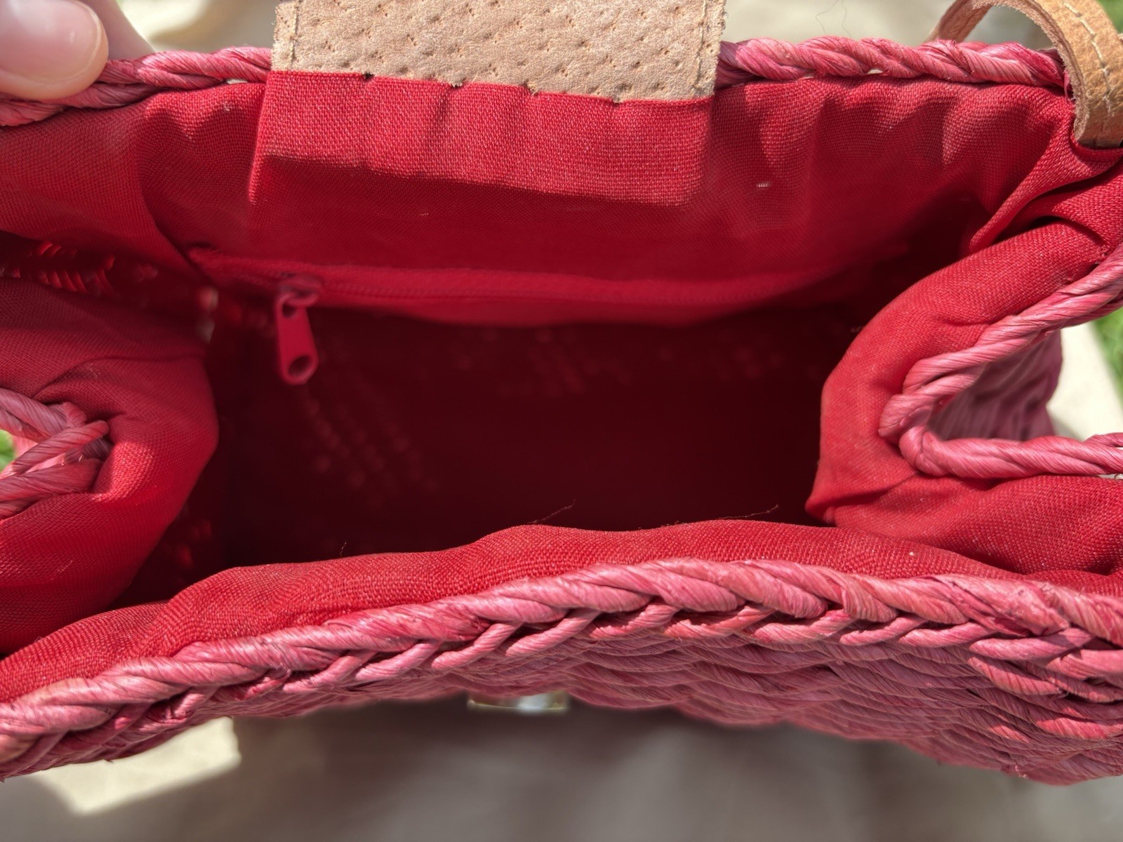 Pink Wicker Women’s Purse, Beige Leather Like Strap, Red Lined, Magnetic Close