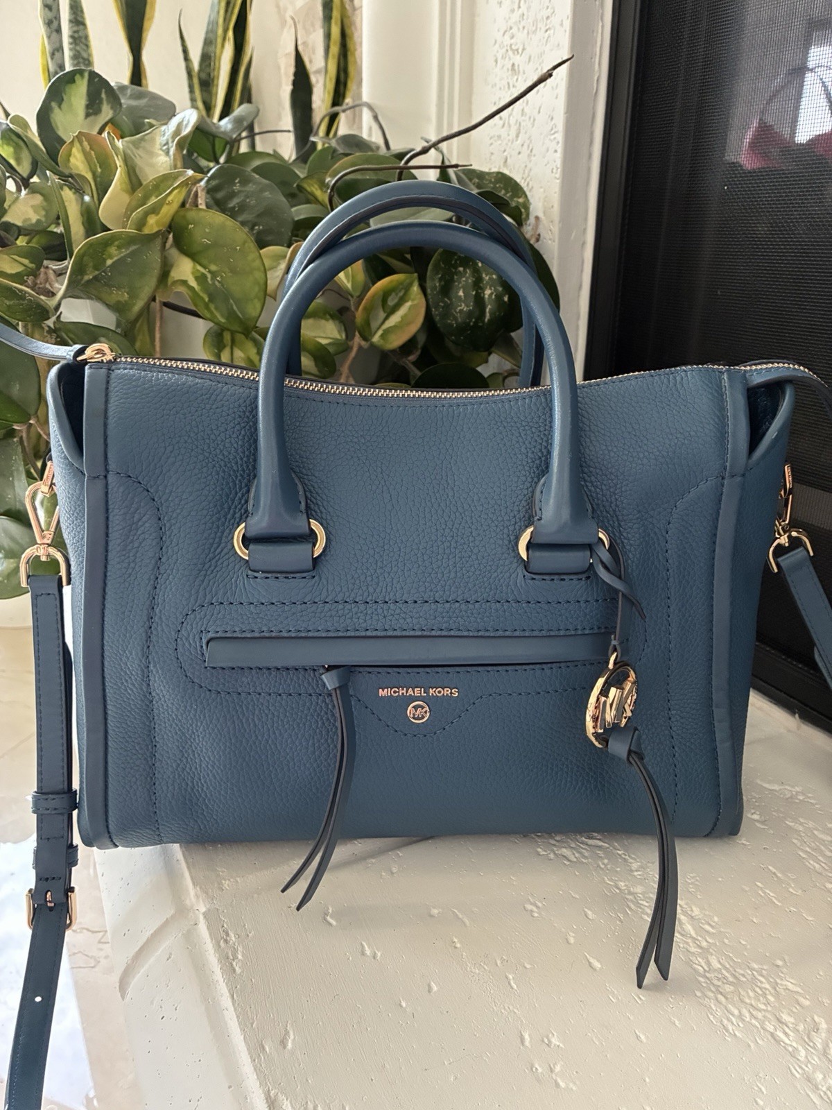michael kors blue leather medium satchel handbags