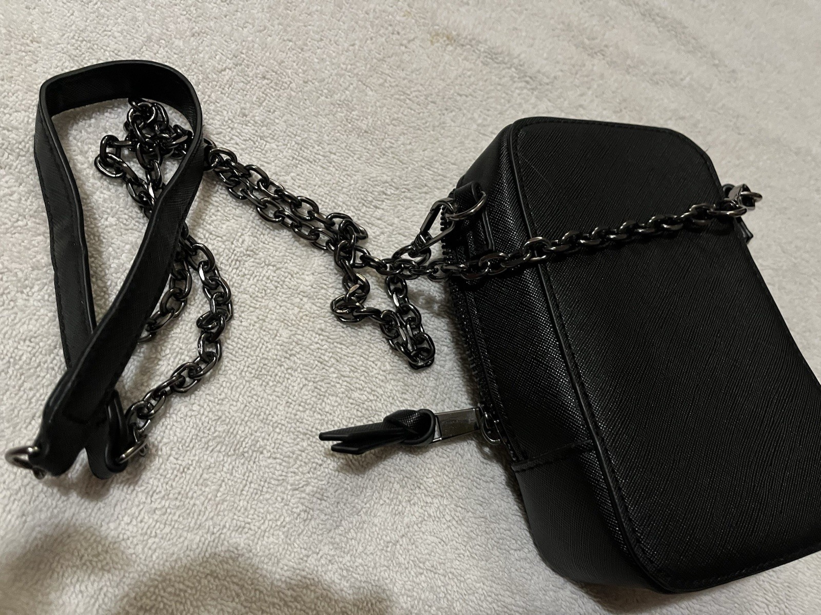 Small Black Purse With Silver Accent Piece And Gunmetal Grey Chain Strap