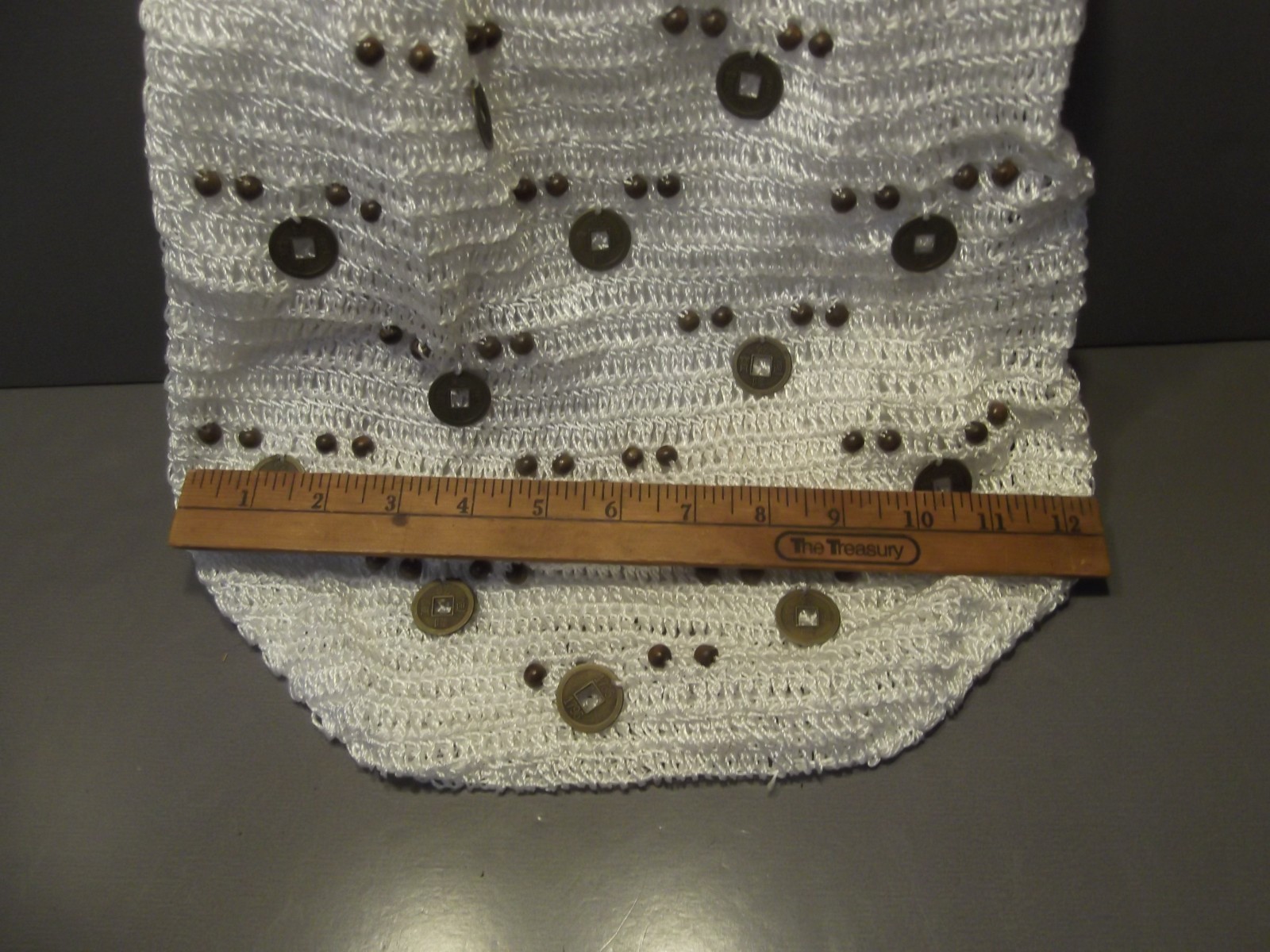 White Crocheted Shoulder Bag BoHo Style Chinease Metal Coins Enbroidered on