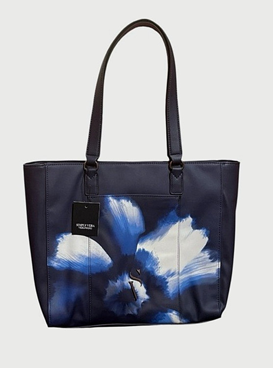VERA WANG Dark Navy Blue Floral LAVEY RADDIX Tote PURSE Vegan Leather NWT
