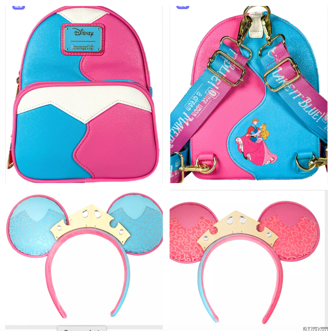 Loungefly Sleeping Beauty Make It Pink Blue Backpack Disney Aurora Ears 2PC SET