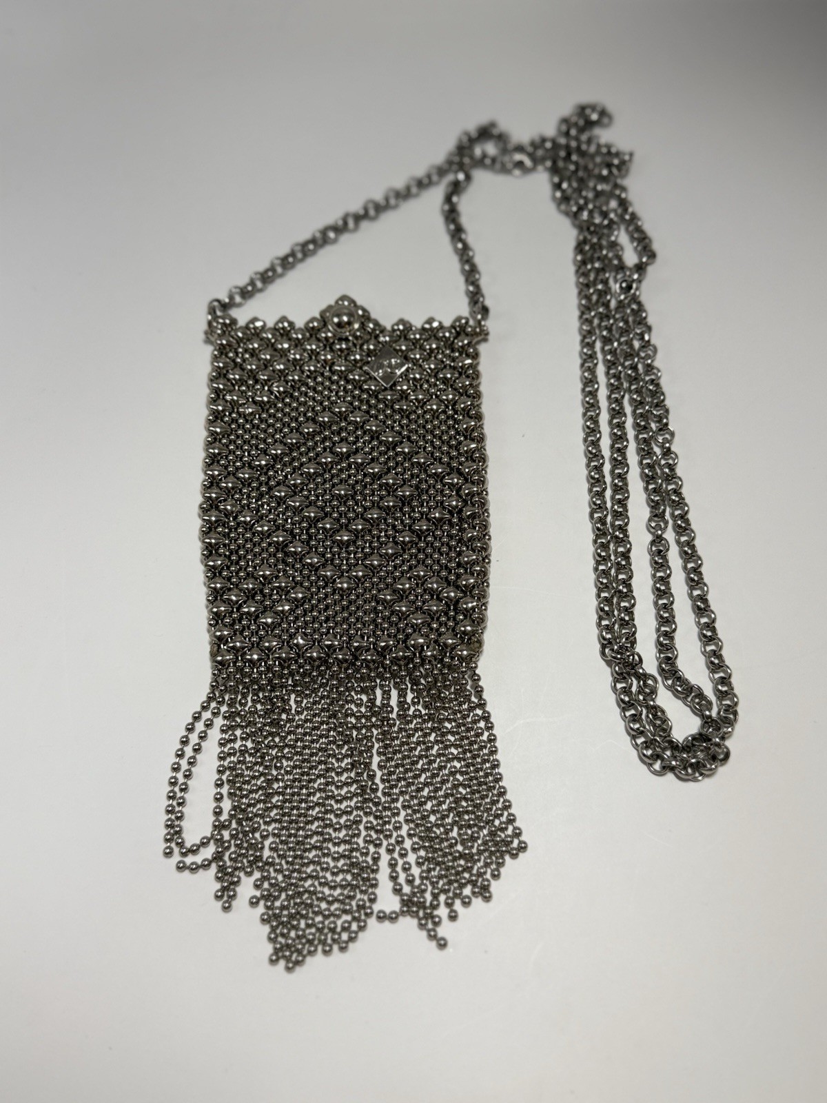 Sergio Gutierrez Liquid Metal Mesh Purse Fringe Silver tone Pouch Crossbody