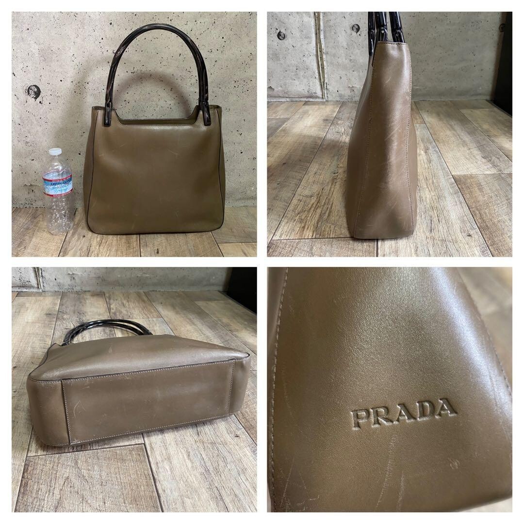 Prada Vitello Leather Handbag Tote Bag Beige Logo Italy Vintage 31.5cm 45cm
