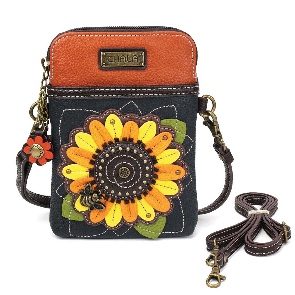 SUNFLOWER GARDEN FLOWER CELLPHONE CROSSBODY PURSE BAG CHALA NAVY