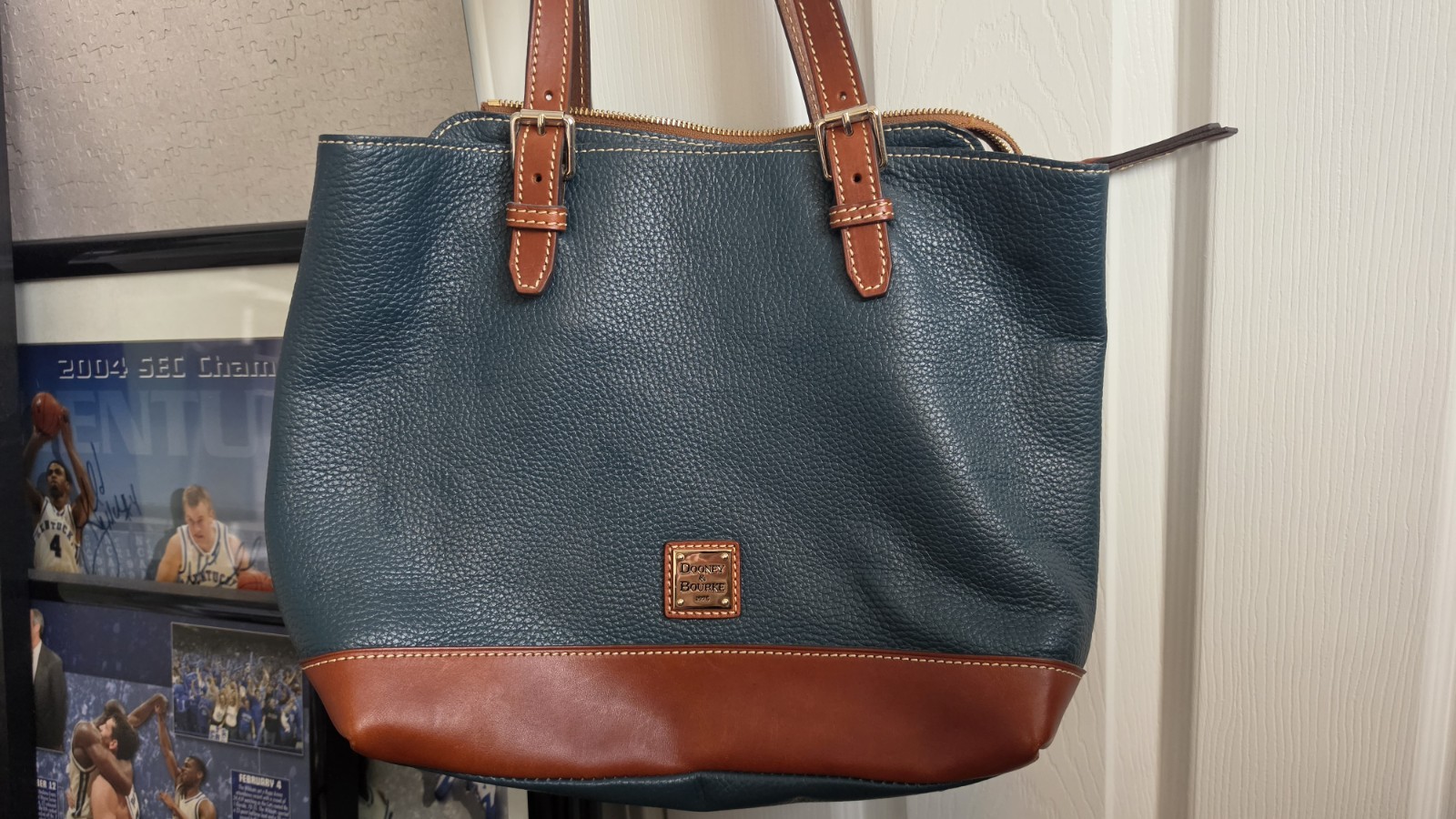 Dooney & Bourke Pebbled Tote Blue/Brown Zip Top Pink Lining Gold HW