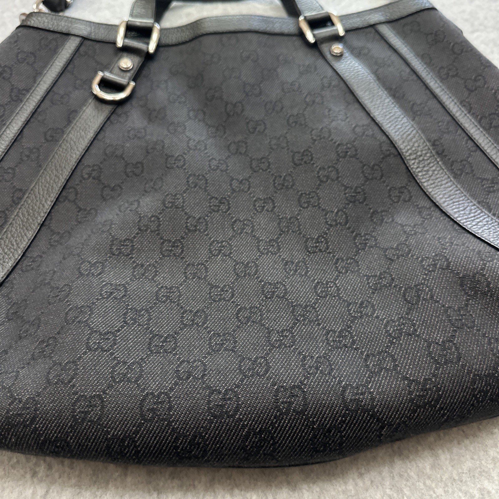 Gucci Two Way Black Abbey Monogram Canvas Tote Purse Bag