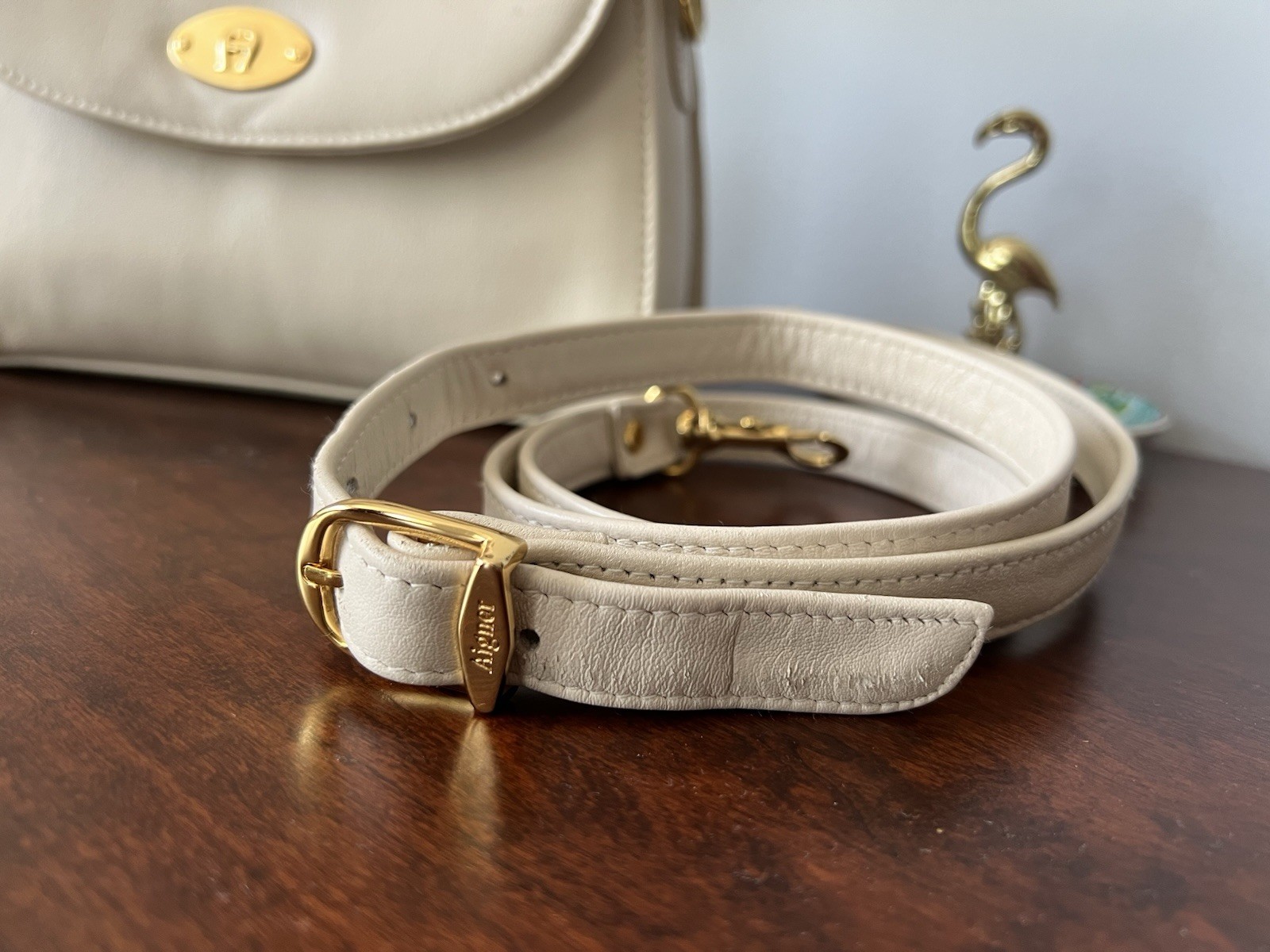 Etienne Aigner Leather Ivory Handbag with Crossbody Adustable Strap Gold Accents