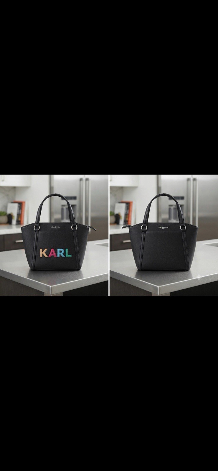 KARL LAGERFELD Black Logo Satchel Top Handle Bag, Silver Hardware