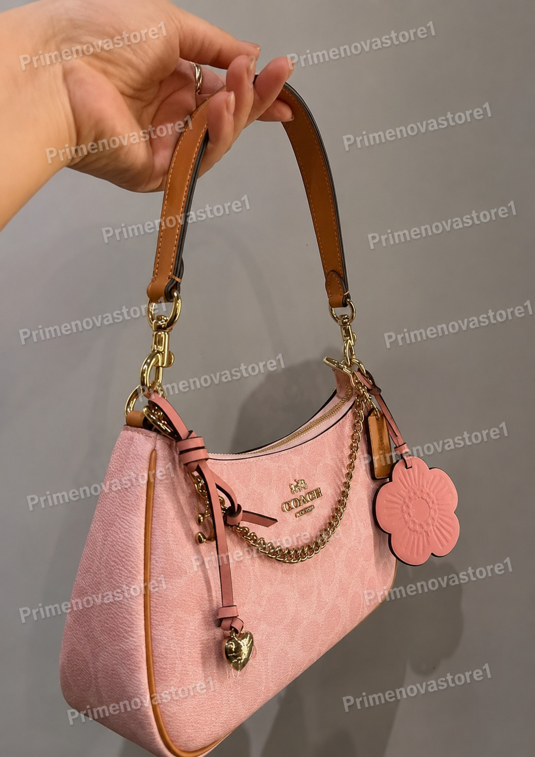 NWT Teri Shoulder Bag Signature Canvas With Charms Gold/Powder Pink CEA20