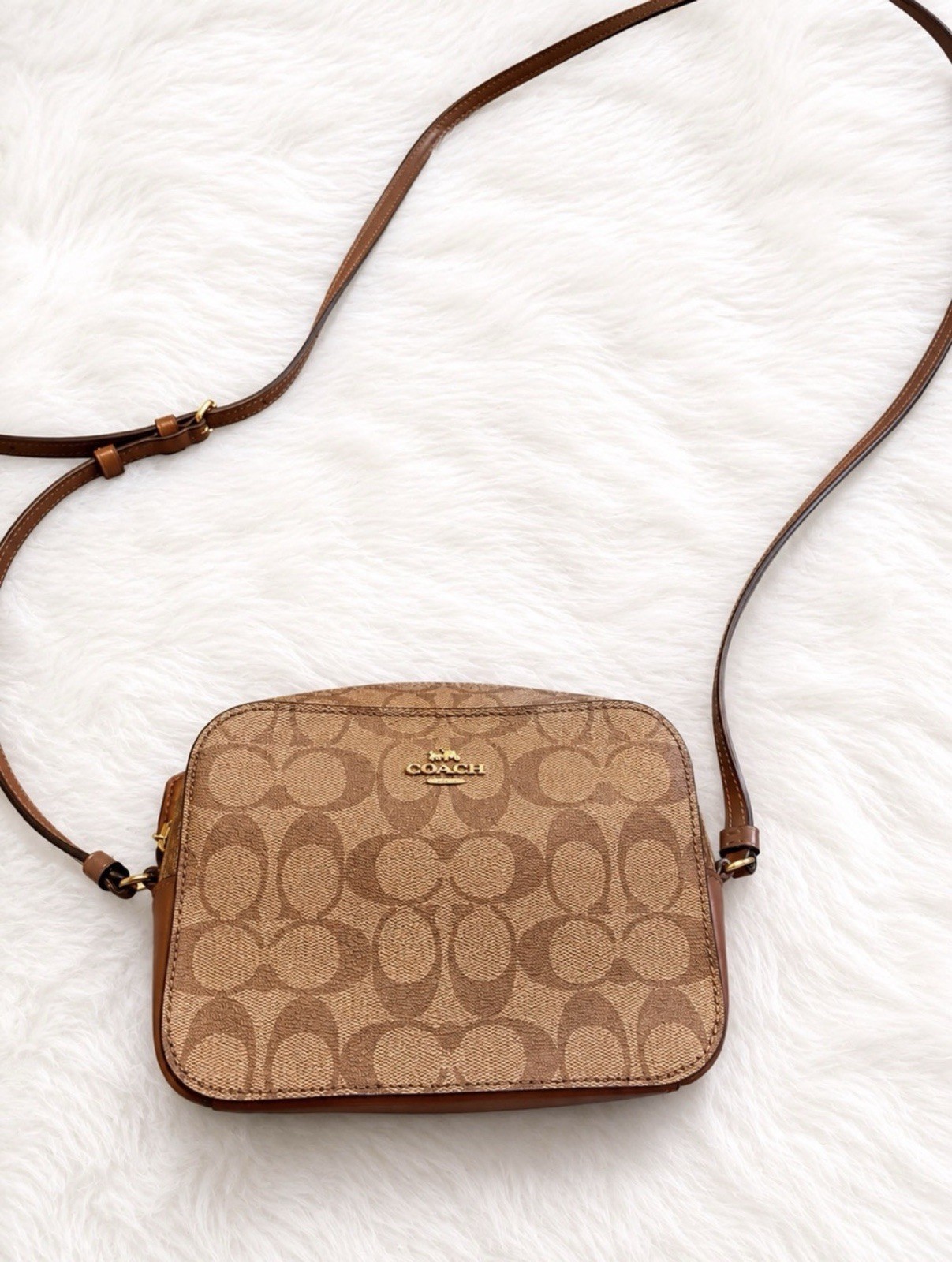 Coach Signature Brown Canvas Mini Crossbody Camera Bag