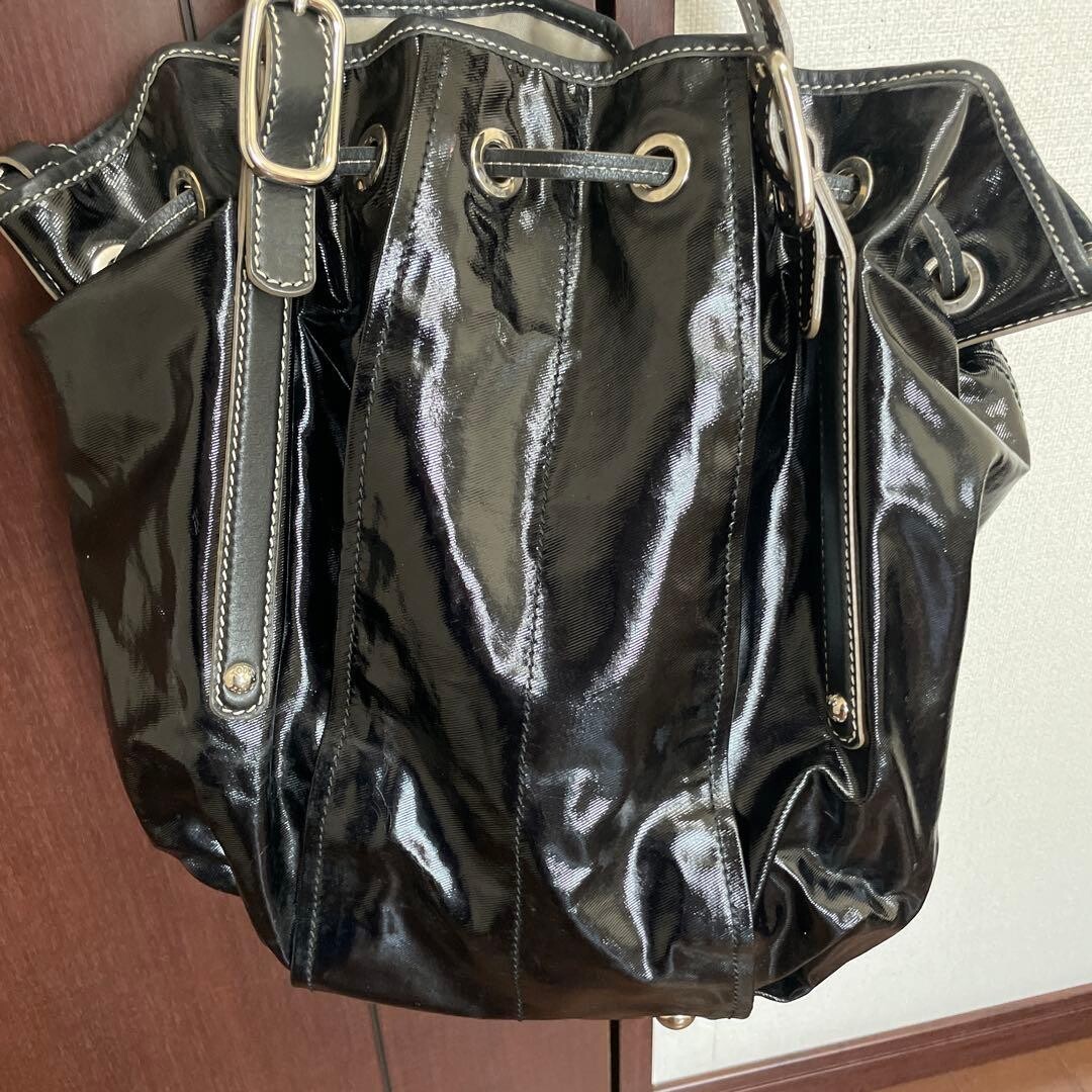 Tods Black Patent Leather Large Tote Bag Italy Contrast Stitching 45cm 30cm