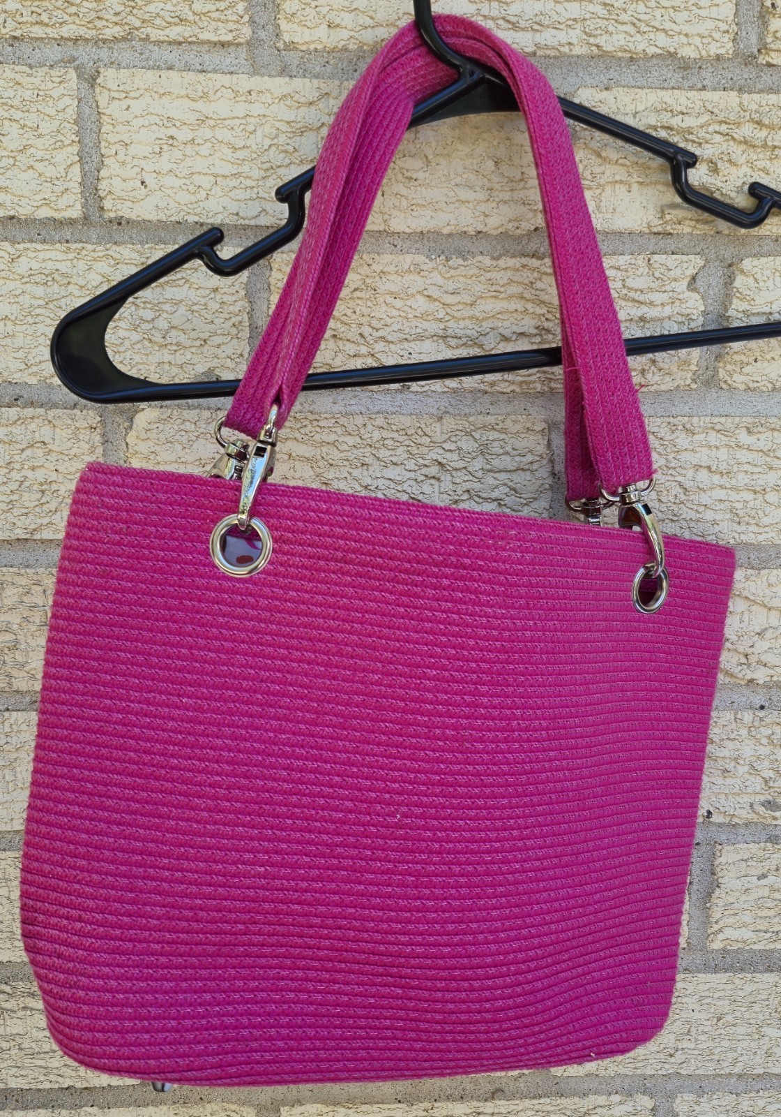 Large Pink Woven Paper Straw Shoulder Bag Tote Statement Beach Chic Playful