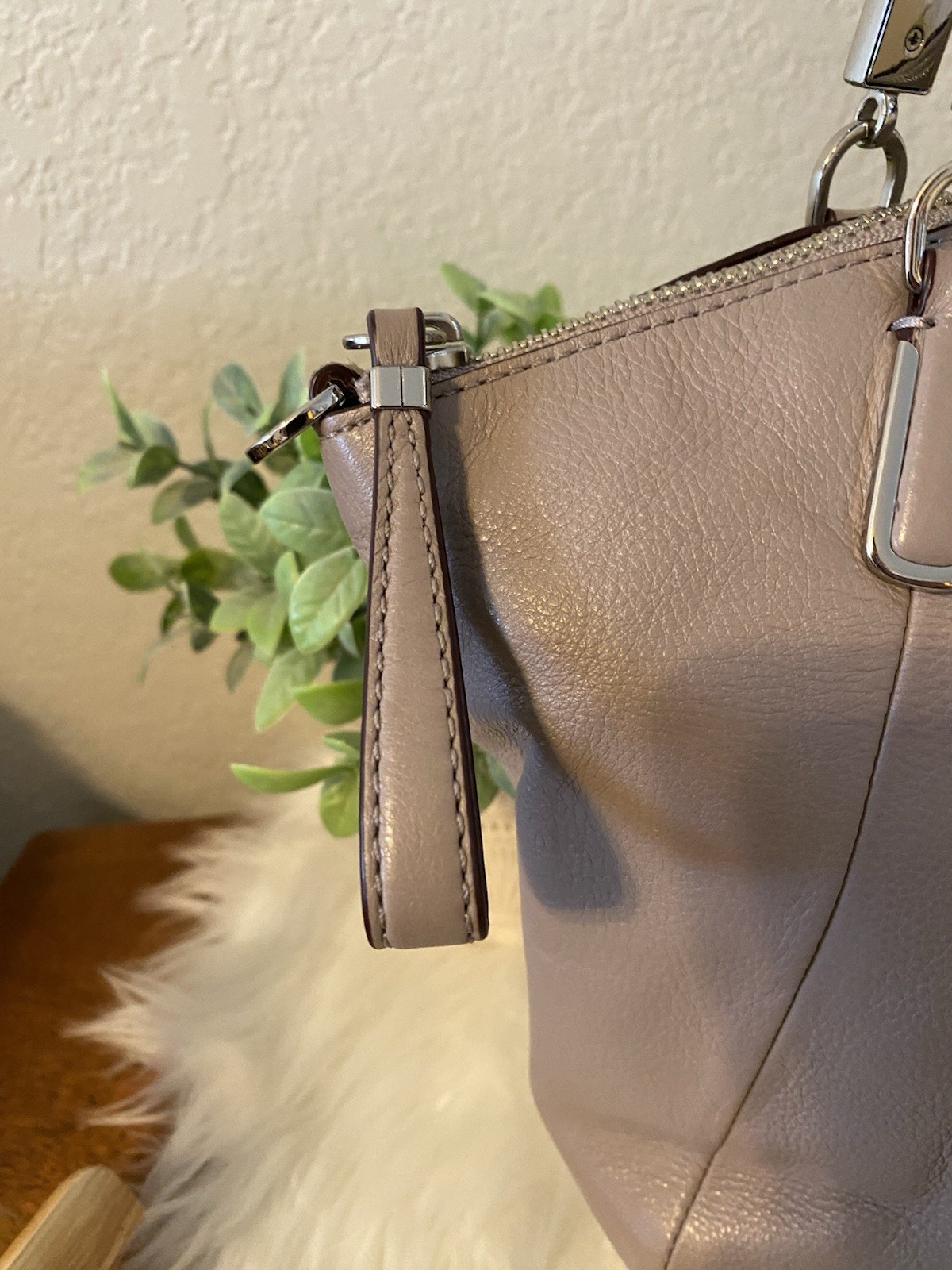 Coach Dove Gray Pebbled Leather Satchel Top Handle Zip, Silver Hardware Hang Tag
