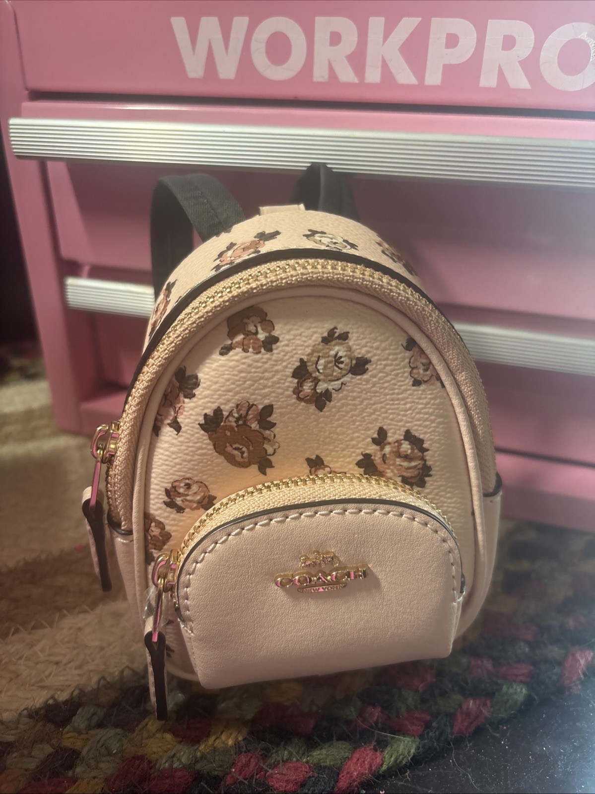 Coach Mini Court Backpack Bag Charm With Rosette Print CAA68 NWT Pink Multi