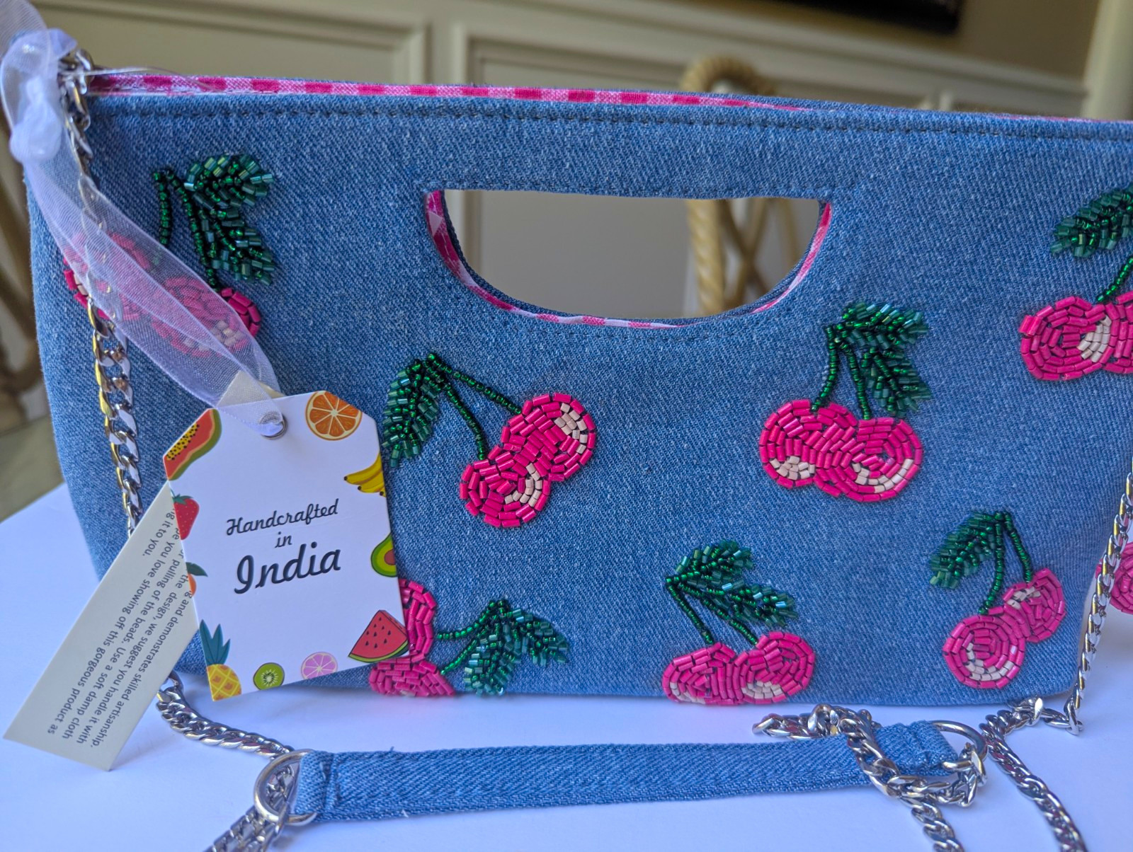 🍒 BRAND NEW With Tags Denim Cherry Beaded Purse Bag Handcrafted in India