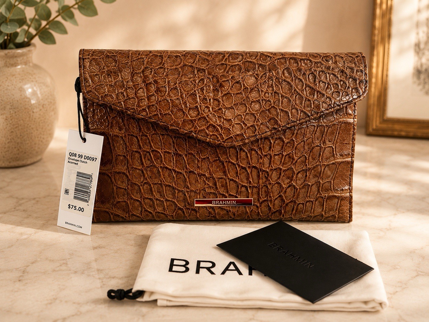 Brahmin Envelope Clutch Brown Melbourne Croc Embossed Leather Tan Beige 9”x6”