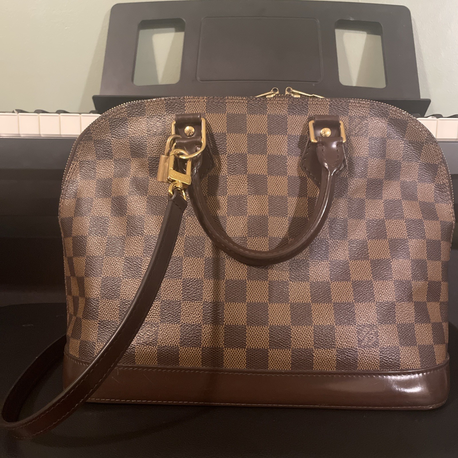 Louis Vuitton Damier Ebene Alma Satchel Zip Brown Gold Hardware