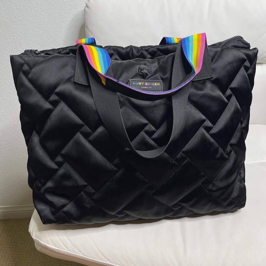 Kurt Geiger London Quilted Shopper Tote Kensington Nylon Black Rainbow Handles