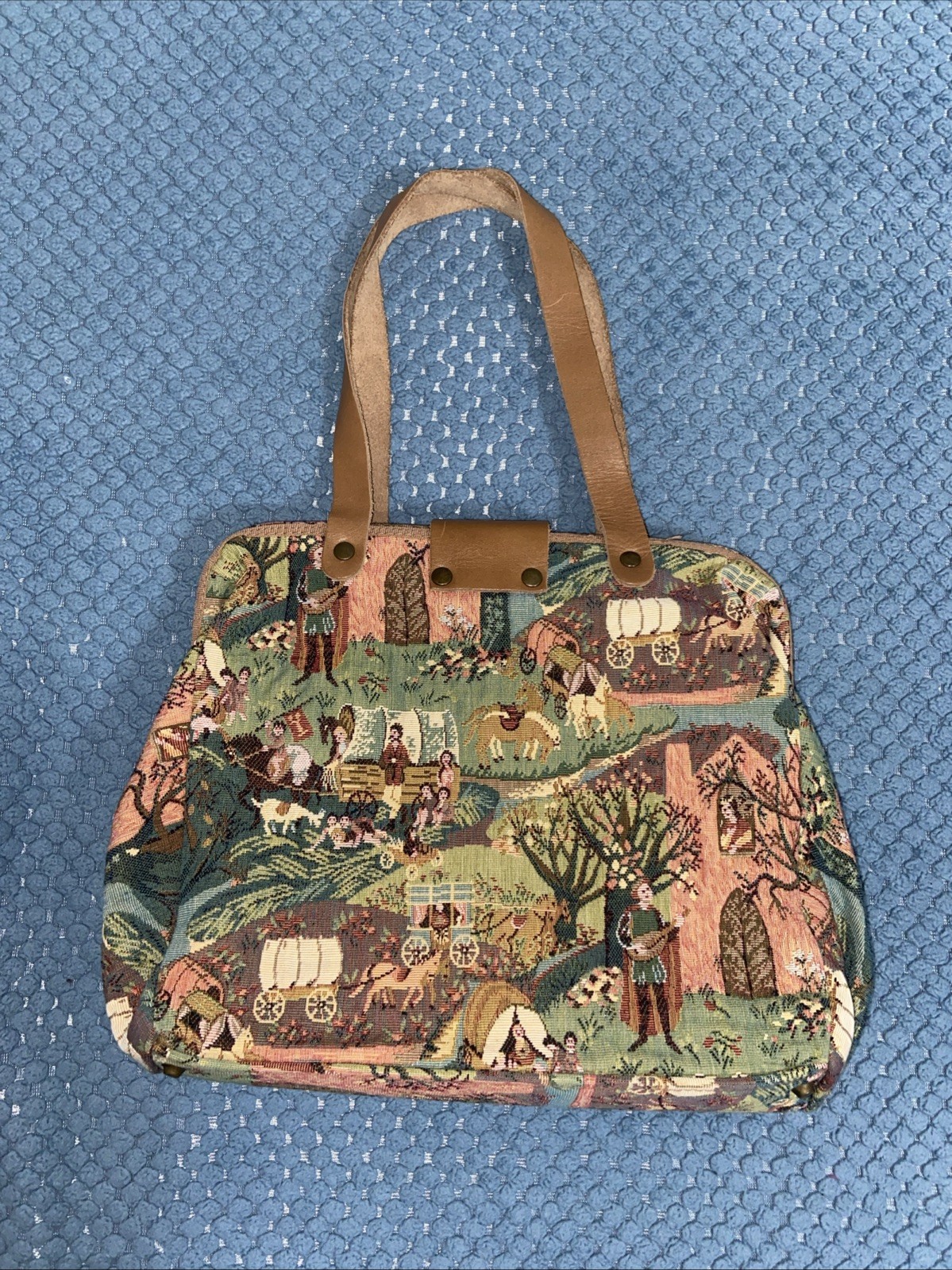 Vintage Tapestry Handbag with Leather Handles – One Of A Kind, Snap Closure.