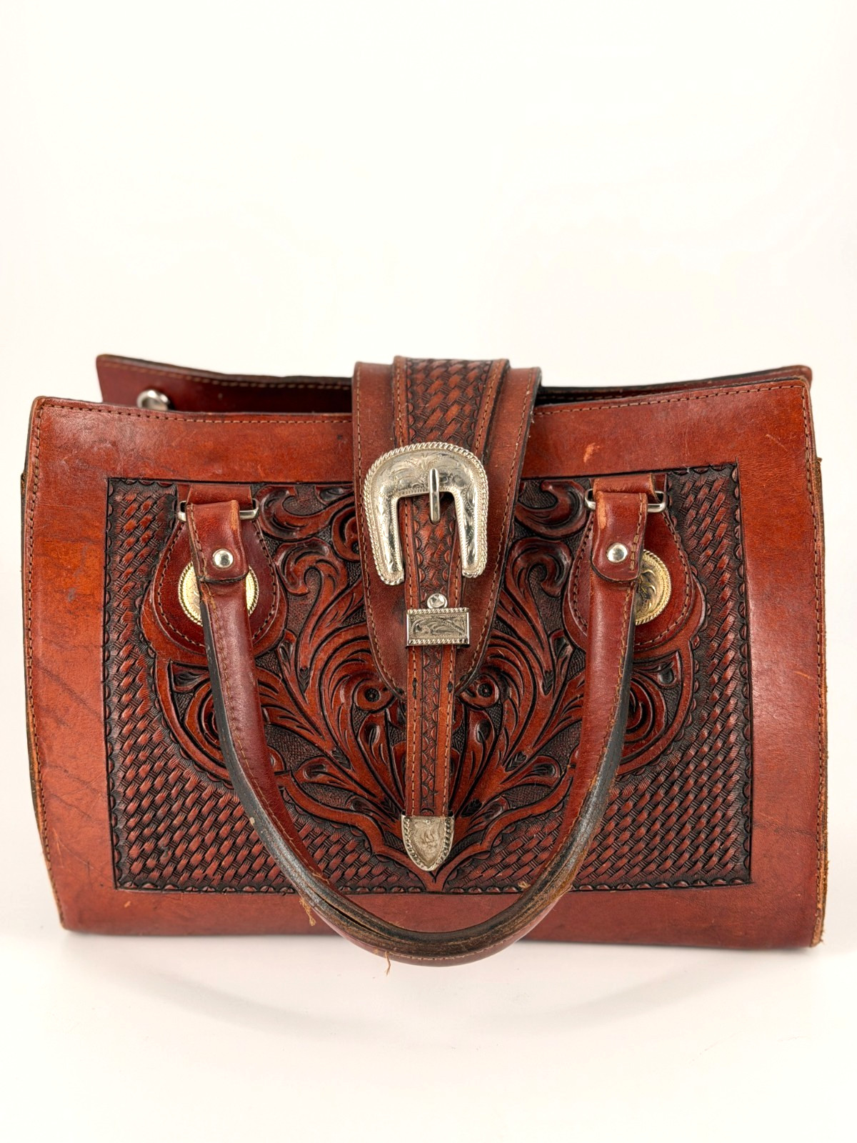 Vintage Tooled Leather Western Handbag Purse Brown Floral Buckle Satchel Boho