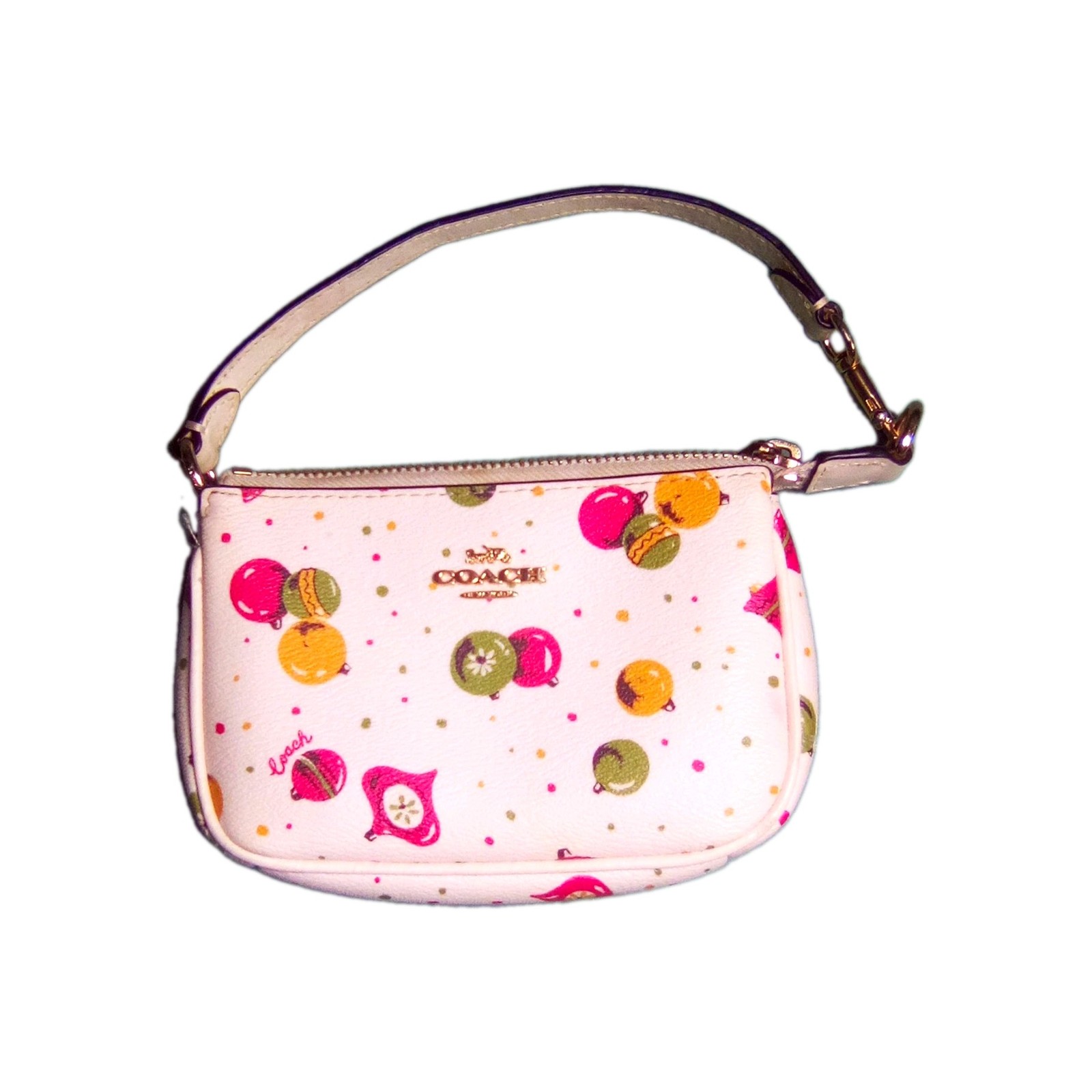 Coach White Fruit Print Zip Wristlet Pouch Wrist Strap Lined Pebbled Gold