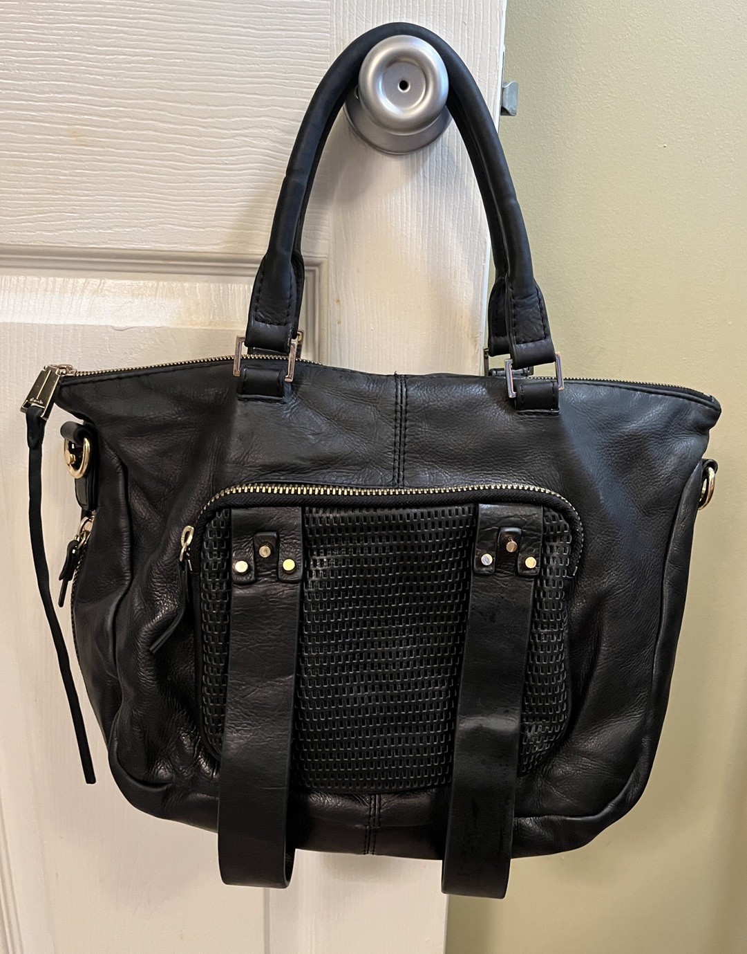 She + Lo Black Perforated 100% Leather Hobo Convertible Shoulder Handbag