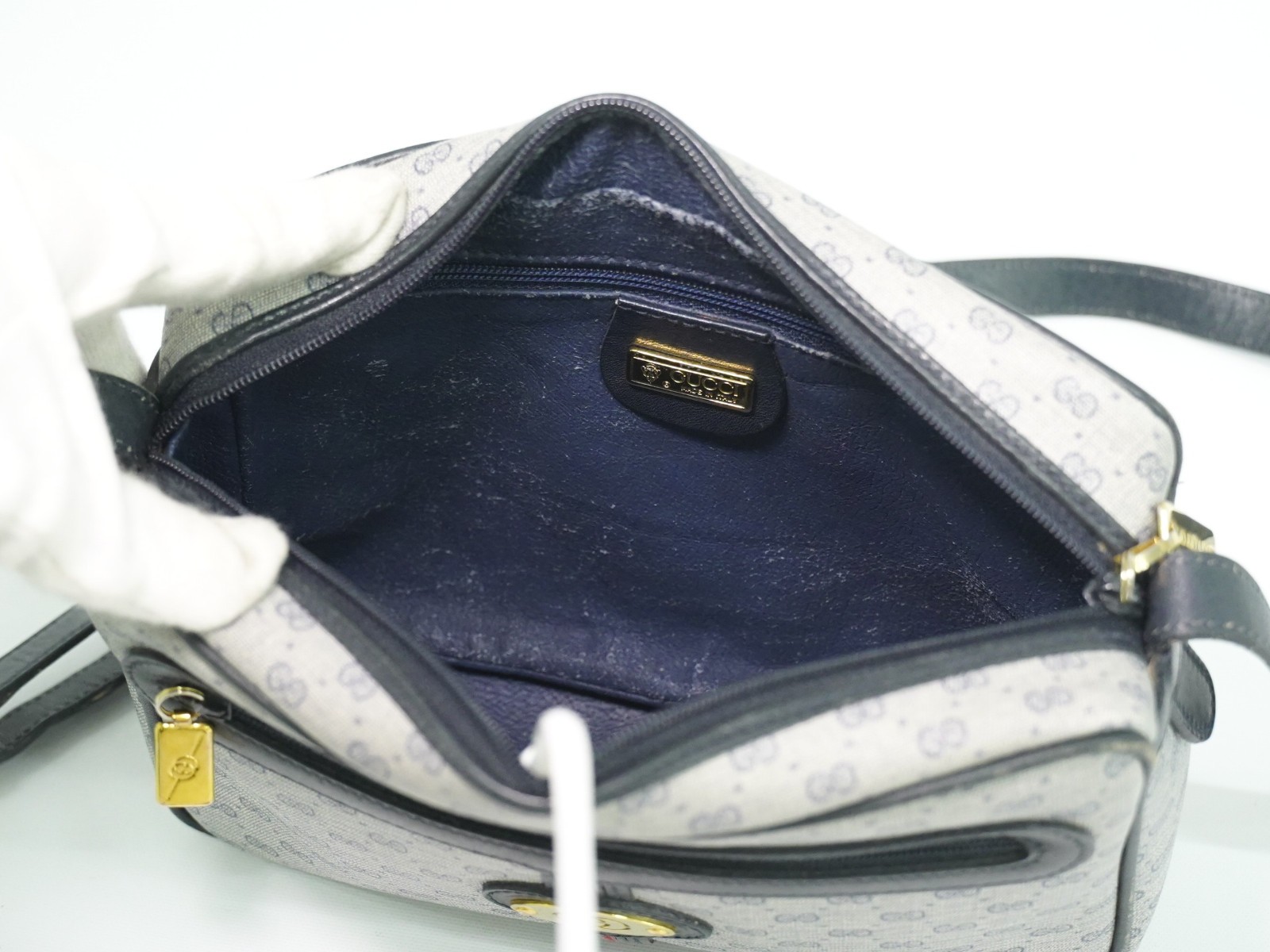 GUCCI Micro GG Canvas Shoulder Crossbody Bag Gray Navy