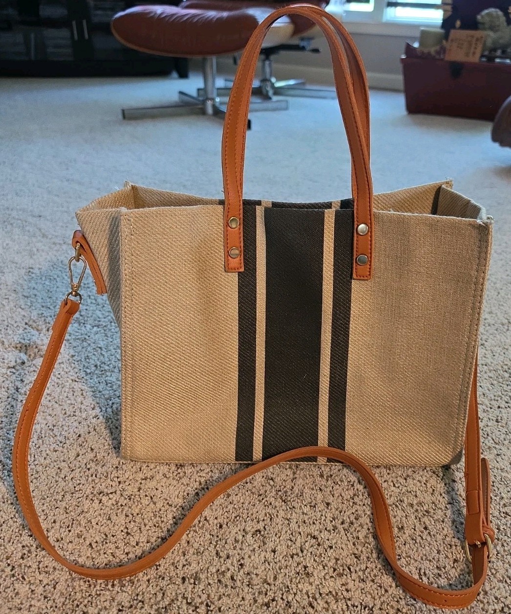 Crossbody Shoulder Bag Tote Purse Large Beige Black Stripe Canvas Brown Straps