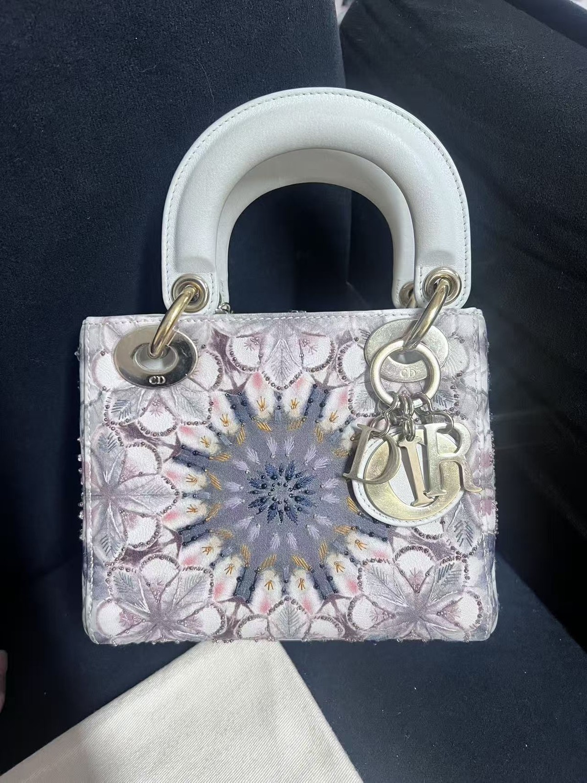 Auth Christian Dior Lady Dior Mini Kaleidoscope Embroidered Bag Gold HW