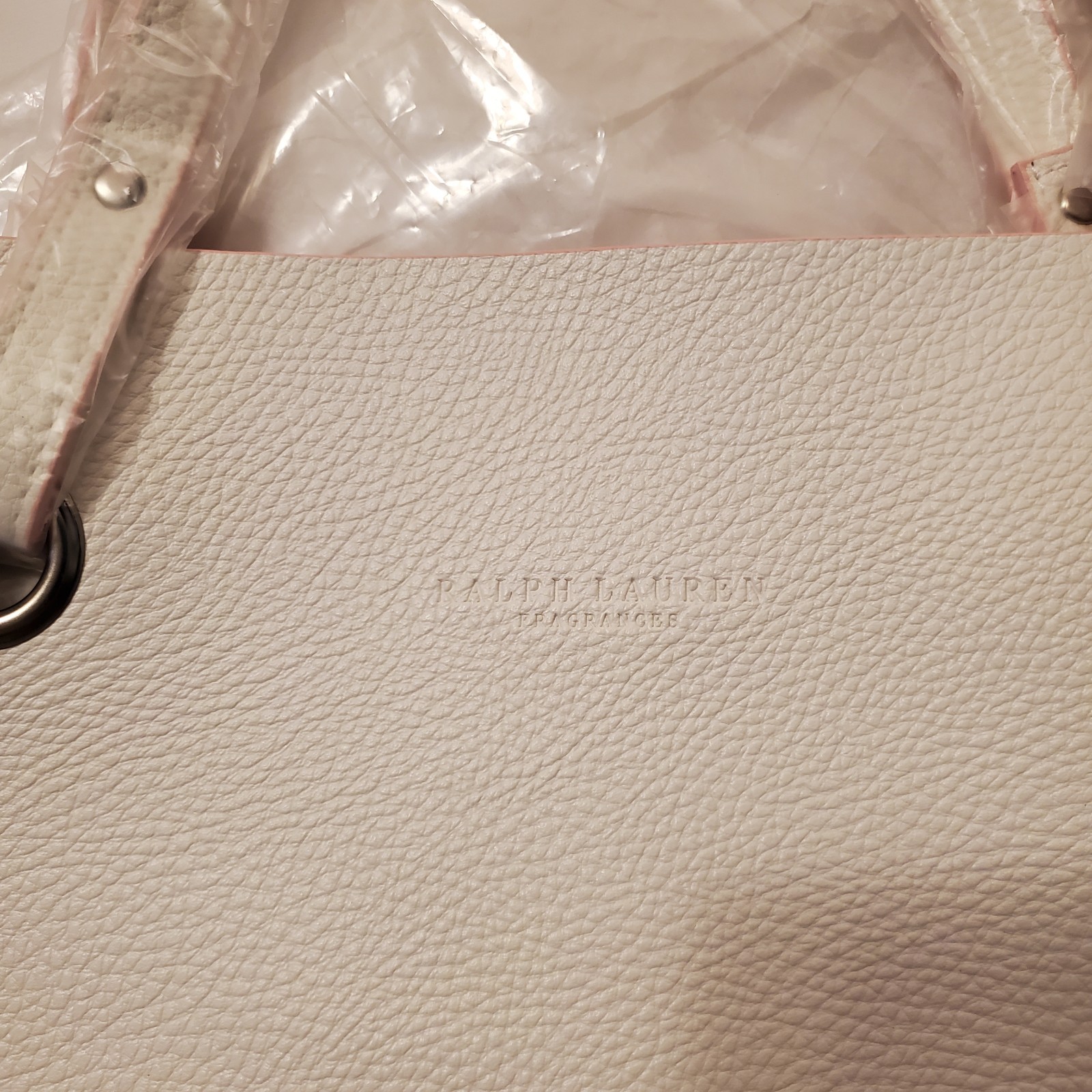 Ralph Lauren Large Tote Bag Winter White Pebbled Faux Leather Pink Lining Tassel