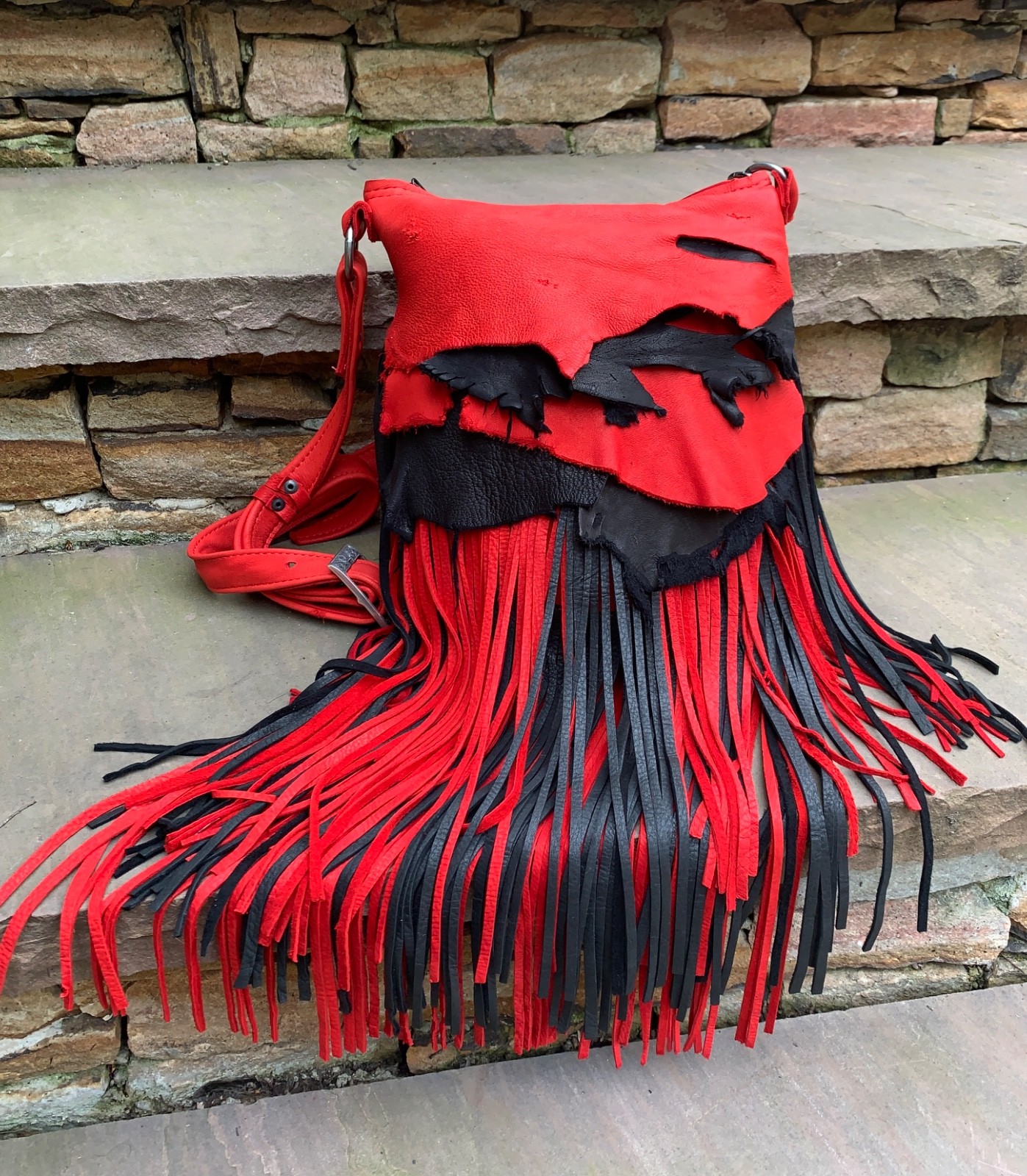 Soft RED & BLACK Deerskin, beads, BOHO long fringe crossbody bag USA!