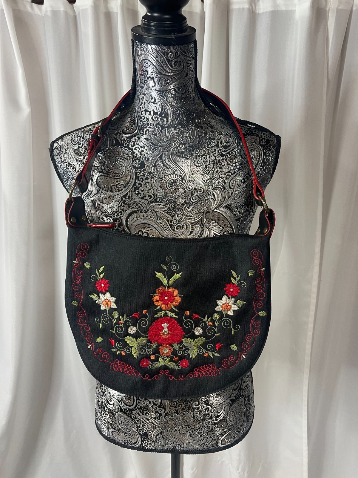 Vintage Avon Black Denim Embroidered Flower Shoulder Bag