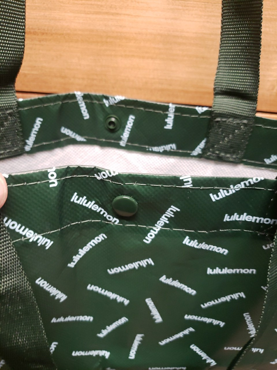 Lululemon Double Handle Logo Snap Button Green Reusable Tote Bag 16″×14″×6″ VG