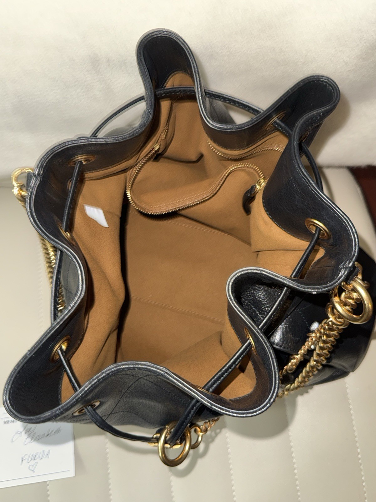 Tory Burch Charlie Quilted Drawstring Bag Large Black Gold Chain Dust SOLDOUT