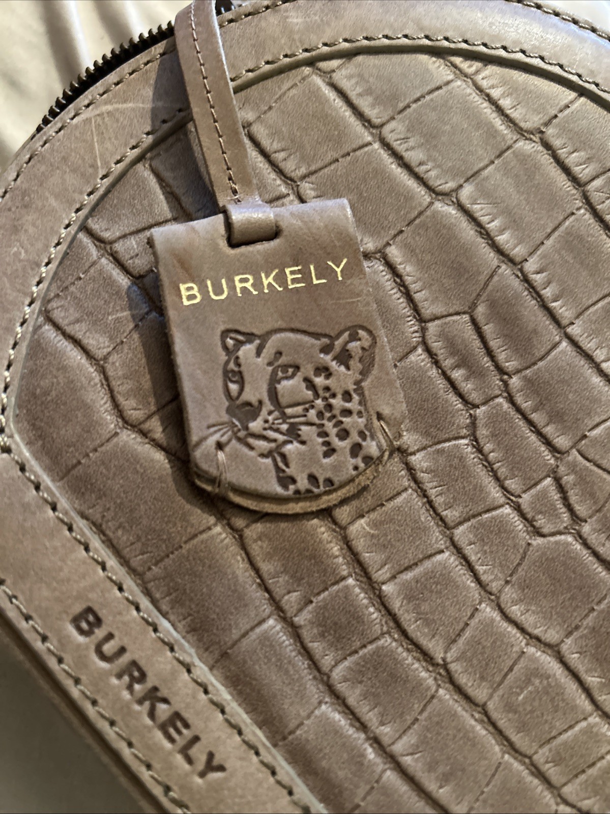 BURKELY Croco Cassy Leather Round City bag Crossbody- Taupe NWT W/ Dust Bag