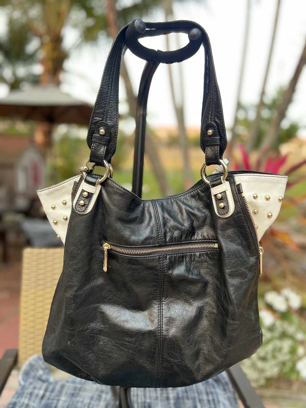 Badgley Mischka black leather shoulder tote crossbody bag w gold studded accents