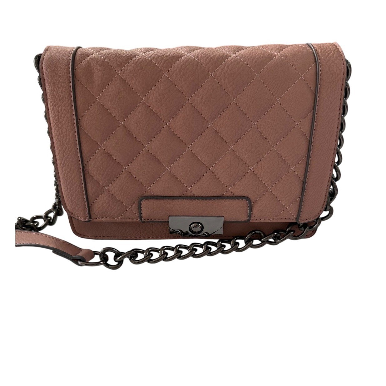 JustFab Quilted Crossbody Bag Dusty Rose Pink Gunmetal Chain Strap Turn Lock