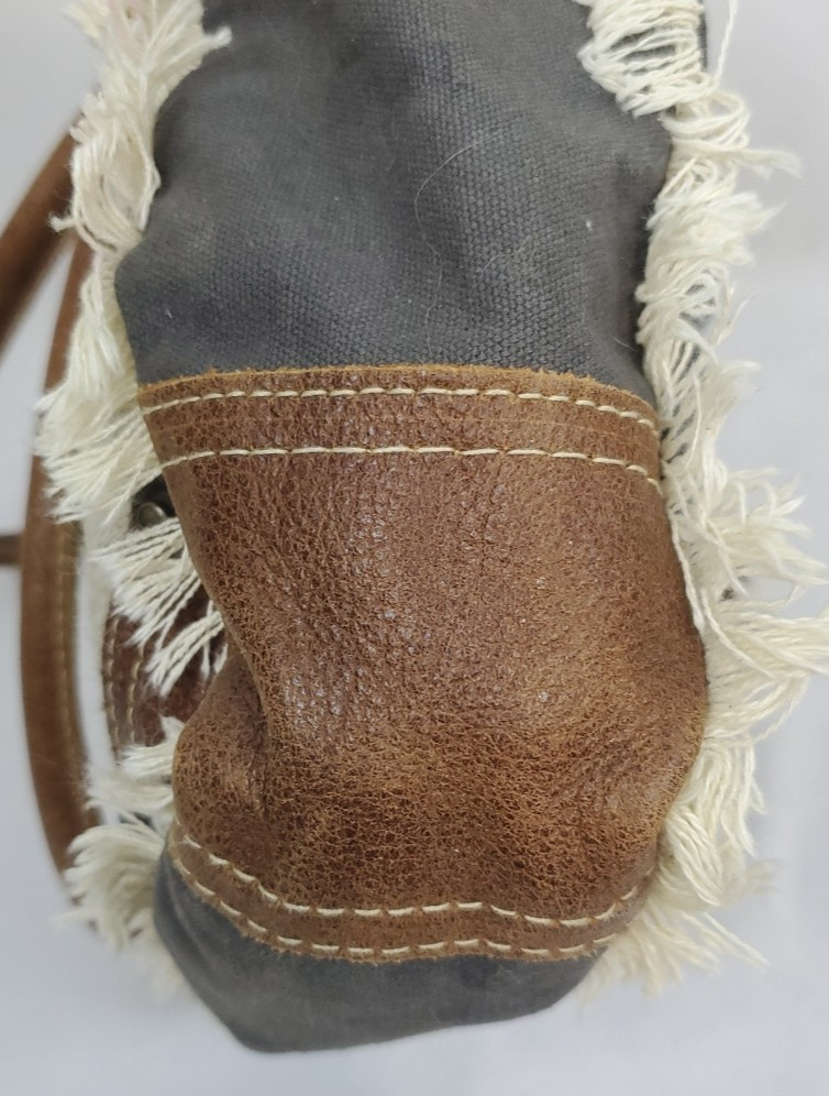 Myra Bag Scroll Print Canvas Fringe Buffalo Leather Cowhide Hair Zip Closure